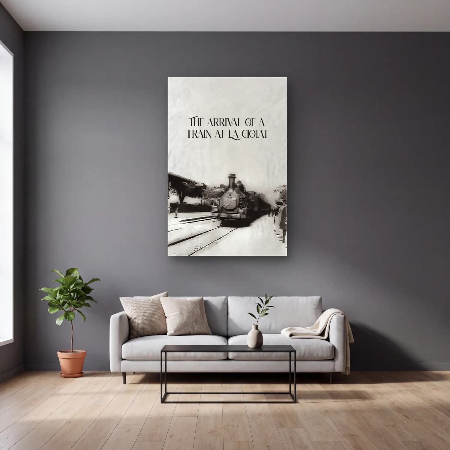 Vintage Poster Tren No. 3 cam tablo — gri duvarlı salonda
