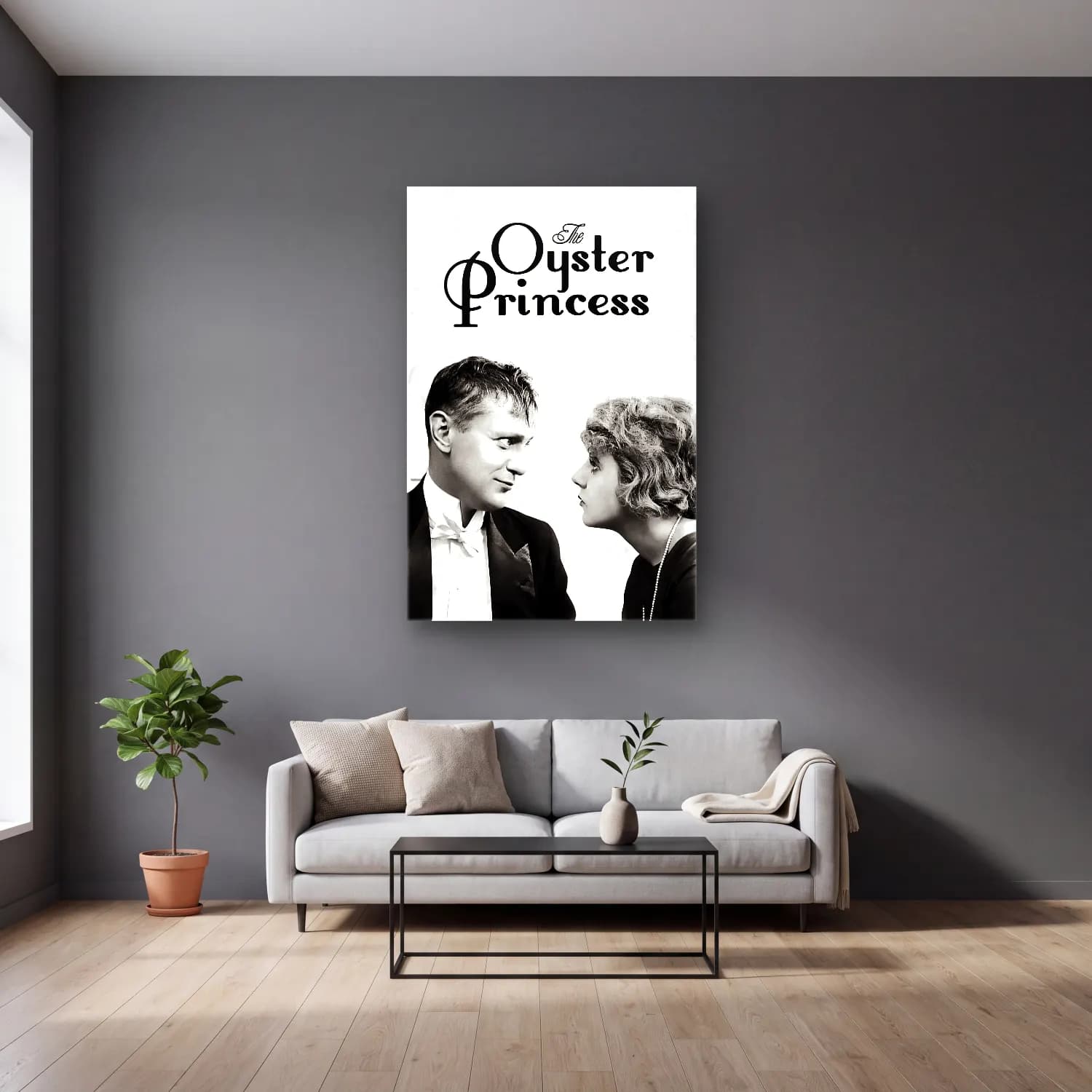 Vintage Poster Elbiseli Kadın No. 37 cam tablo — gri duvarlı salonda