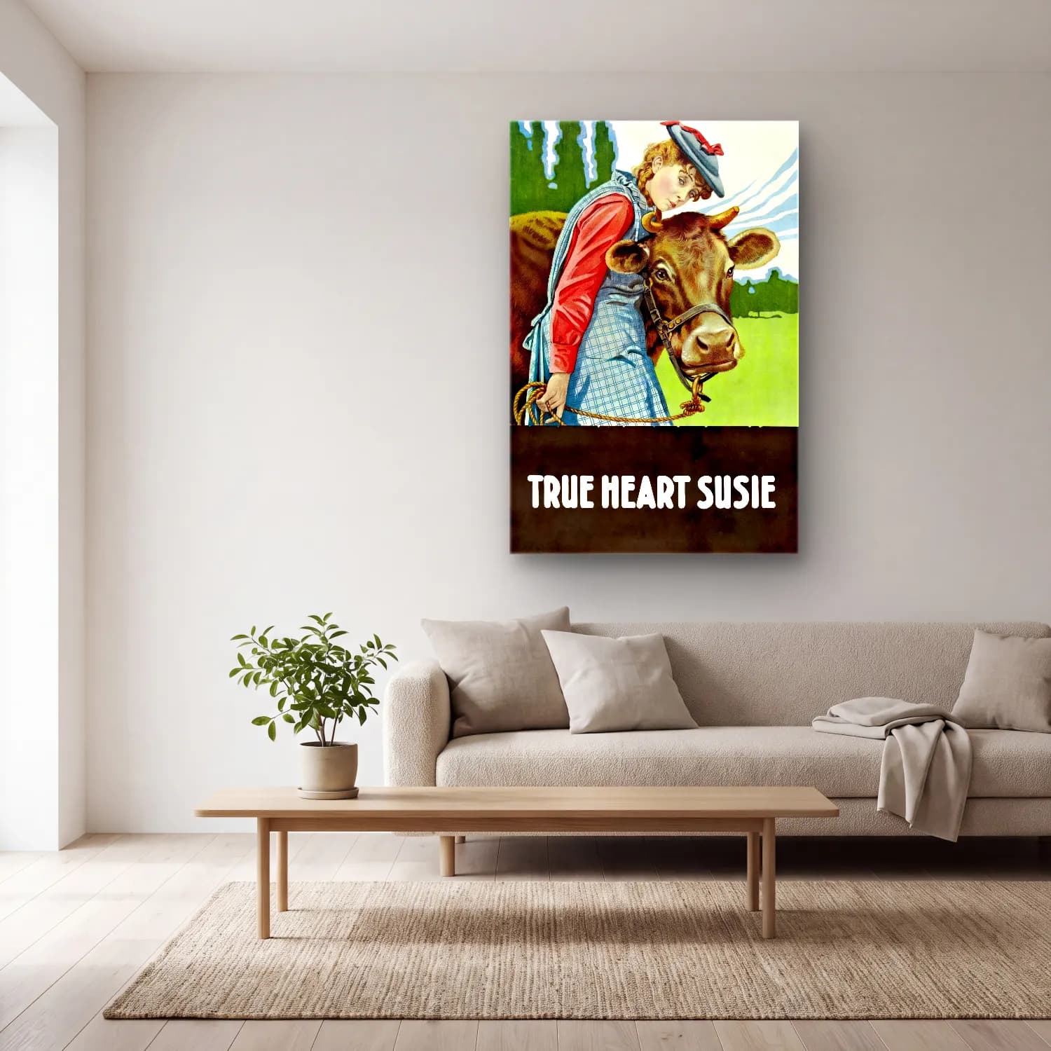 Vintage Poster İnek – Sarı Tonlar cam tablo — açık renk salonda