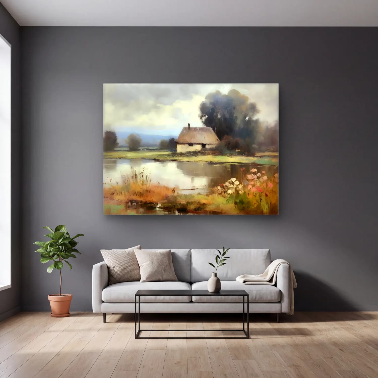 Yağlı Boya Kır Evi No. 50 cam tablo — gri duvarlı salonda