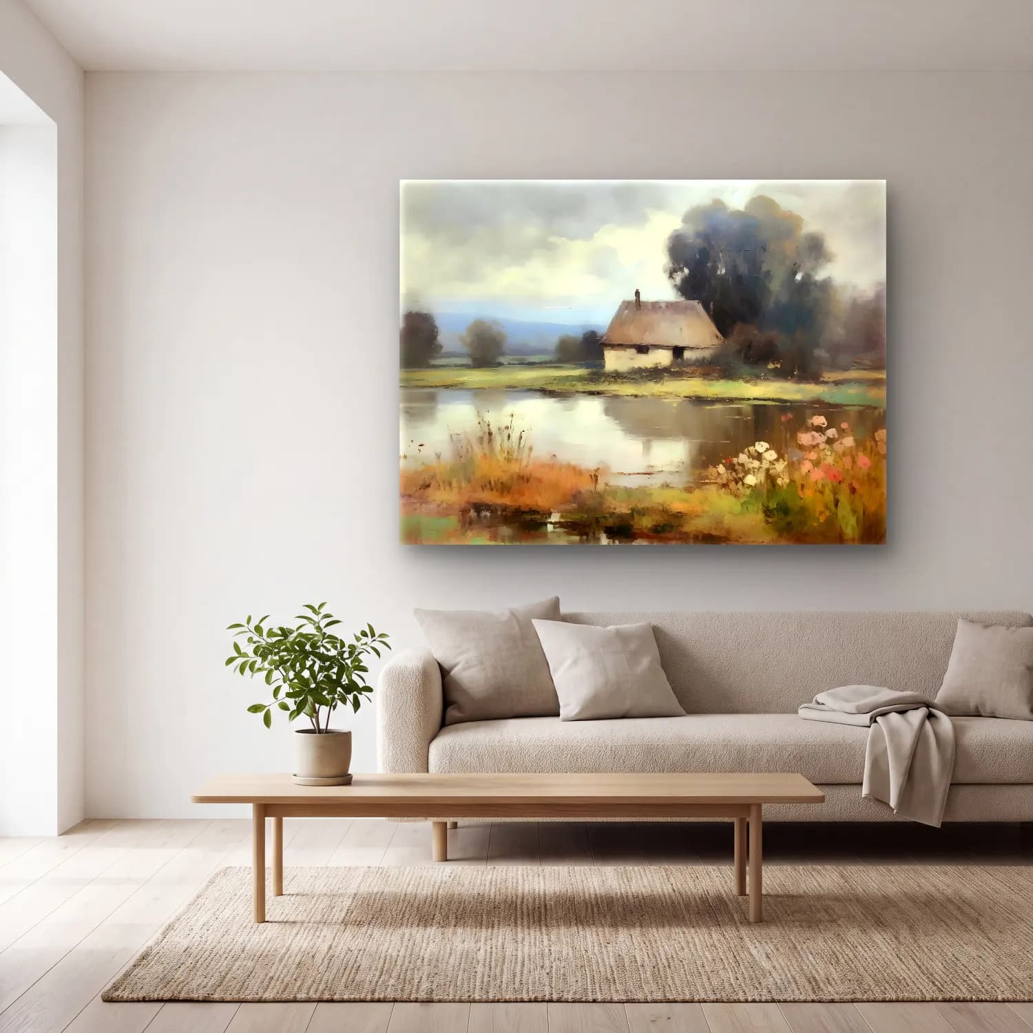 Yağlı Boya Kır Evi No. 50 cam tablo — açık renk salonda