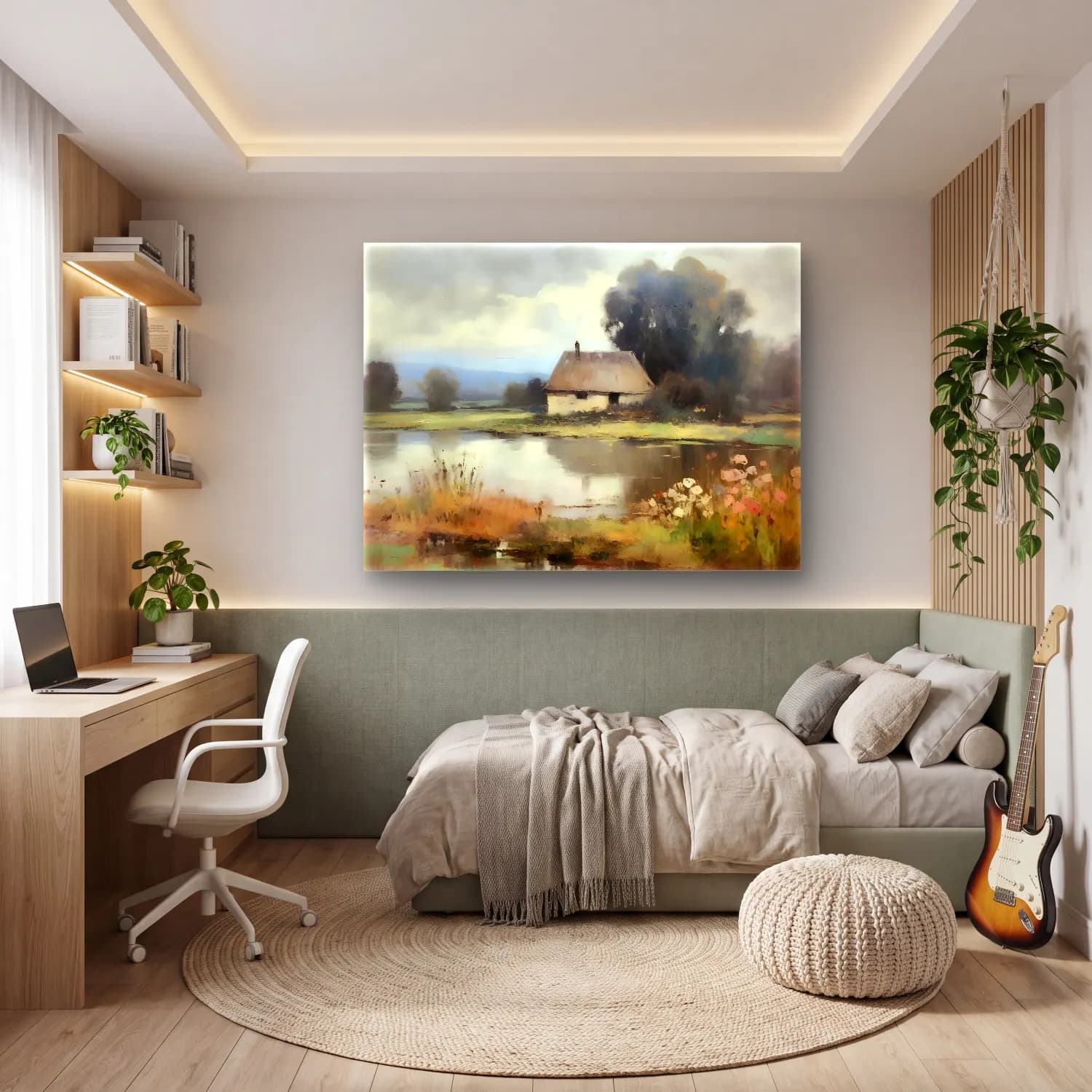 Yağlı Boya Kır Evi No. 50 cam tablo — genç odasında