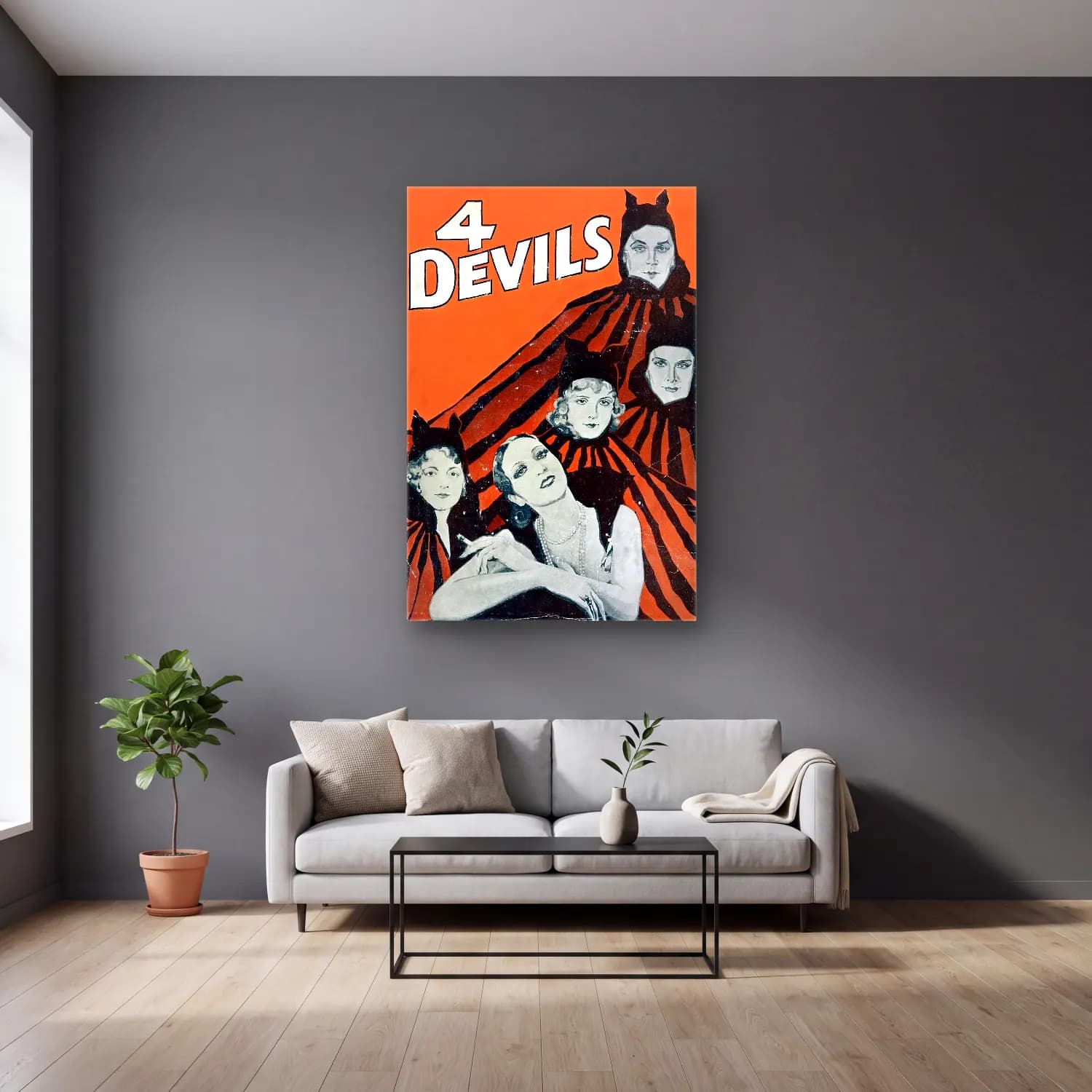 Vintage Poster Dansçılar No. 15 cam tablo — gri duvarlı salonda