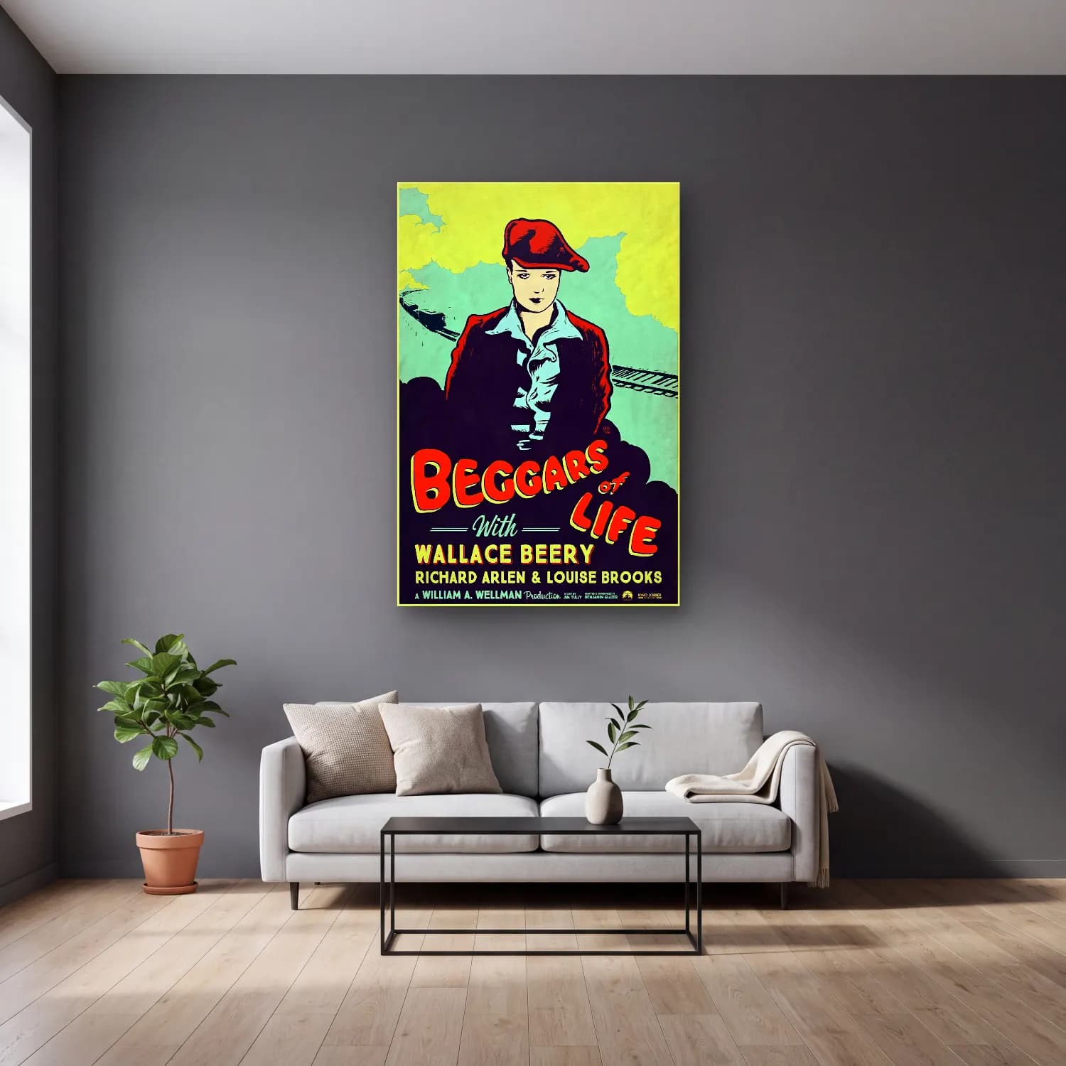 Vintage Poster Şapkalı Kadın No. 14 cam tablo — gri duvarlı salonda