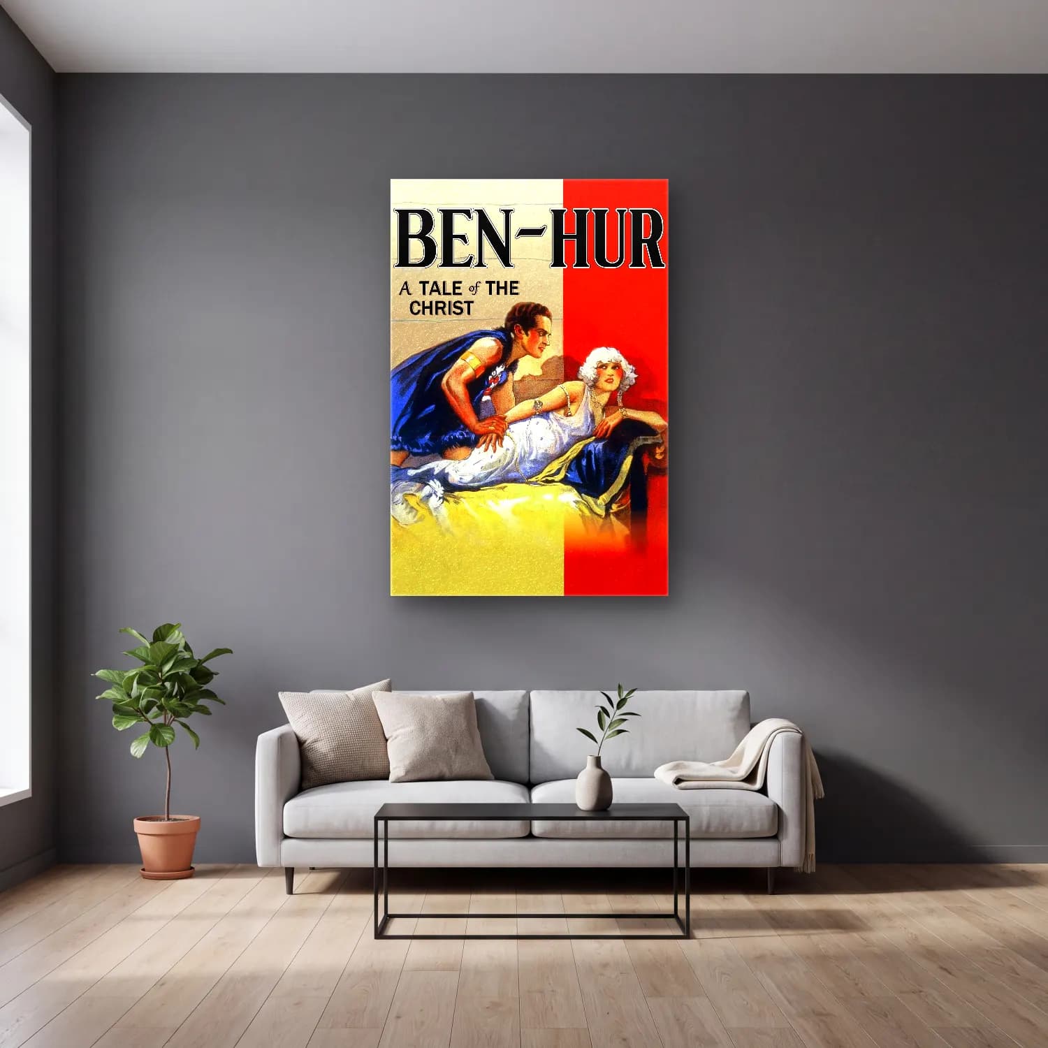 Vintage Poster Mitolojik Sahne No. 8 cam tablo — gri duvarlı salonda