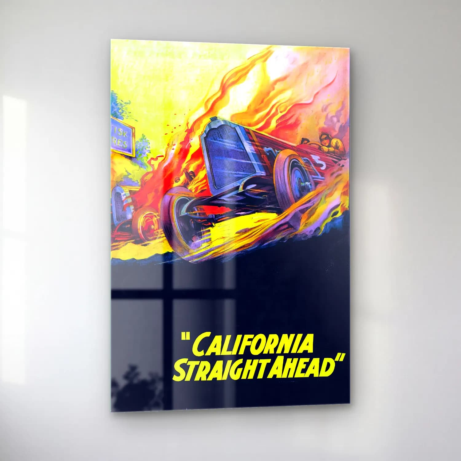 Vintage Poster Klasik Araba – Sarı Tonlar cam tablo — sol açıdan görünüm