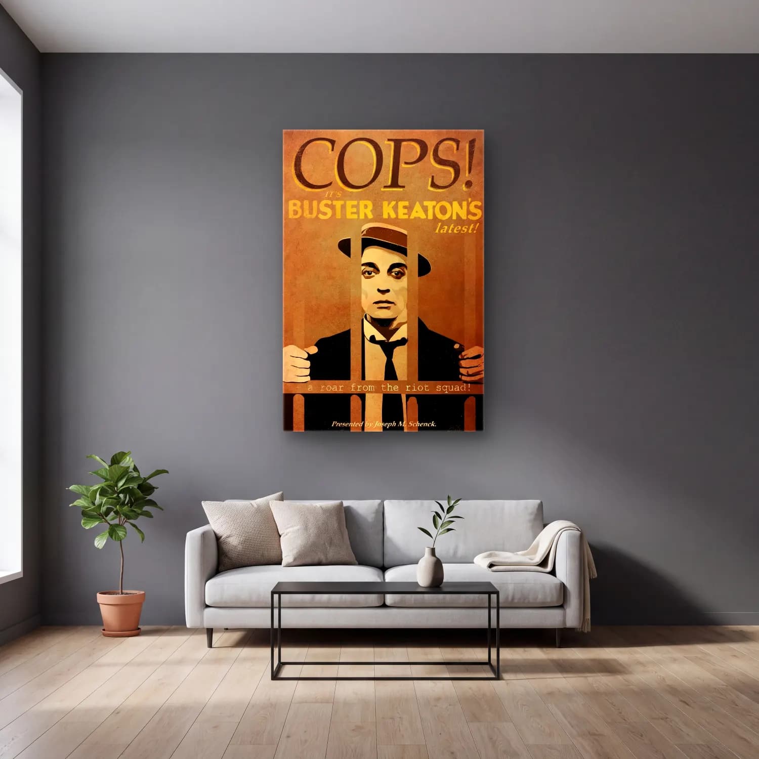 Vintage Poster Erkek Portresi No. 8 cam tablo — gri duvarlı salonda