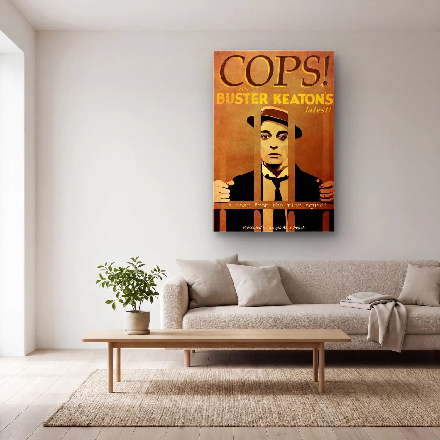 Vintage Poster Erkek Portresi No. 8 cam tablo — açık renk salonda
