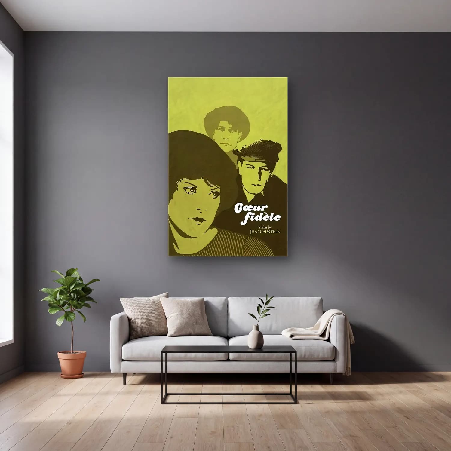 Vintage Poster Şapkalı Kadın No. 15 cam tablo — gri duvarlı salonda