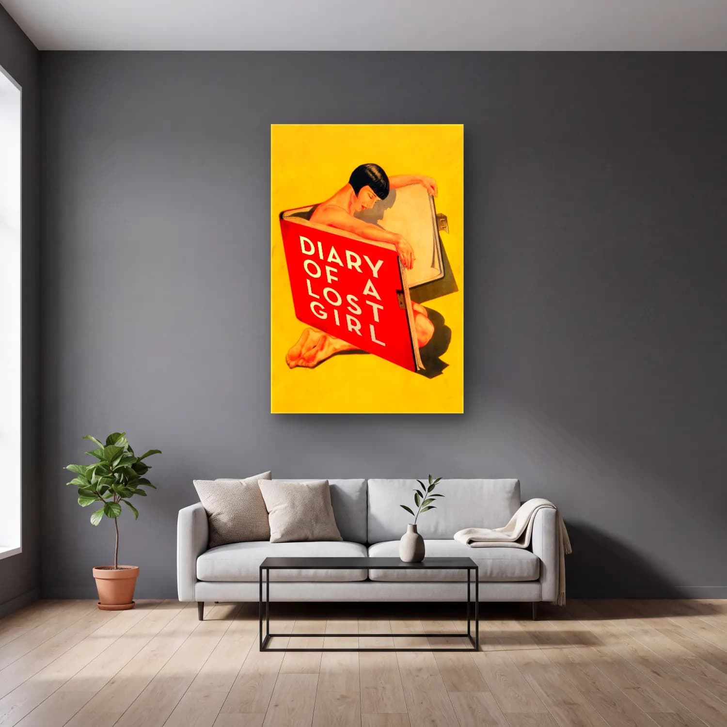 Vintage Poster Kitap Okuyan Kadın No. 18 cam tablo — gri duvarlı salonda