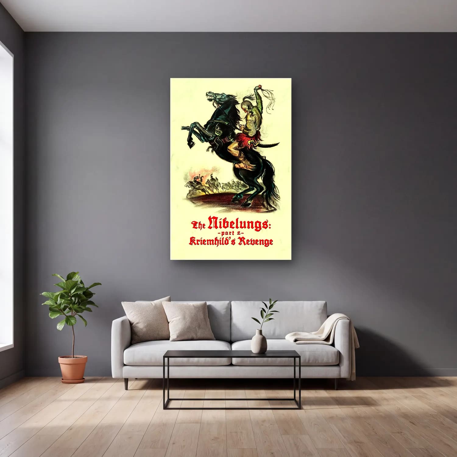 Vintage Poster Atlı No. 6 cam tablo — gri duvarlı salonda