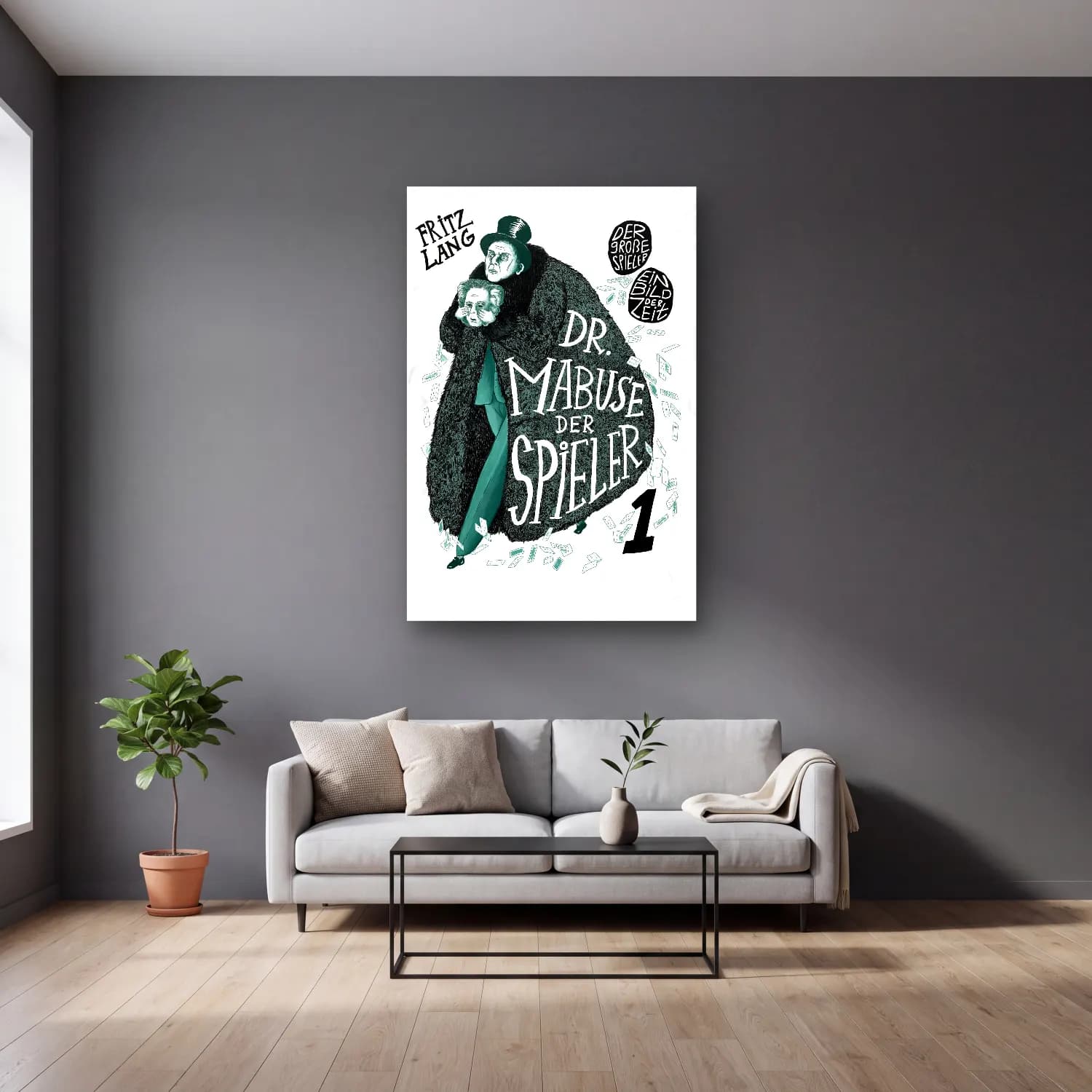 Vintage Poster Elbiseli Kadın No. 38 cam tablo — gri duvarlı salonda