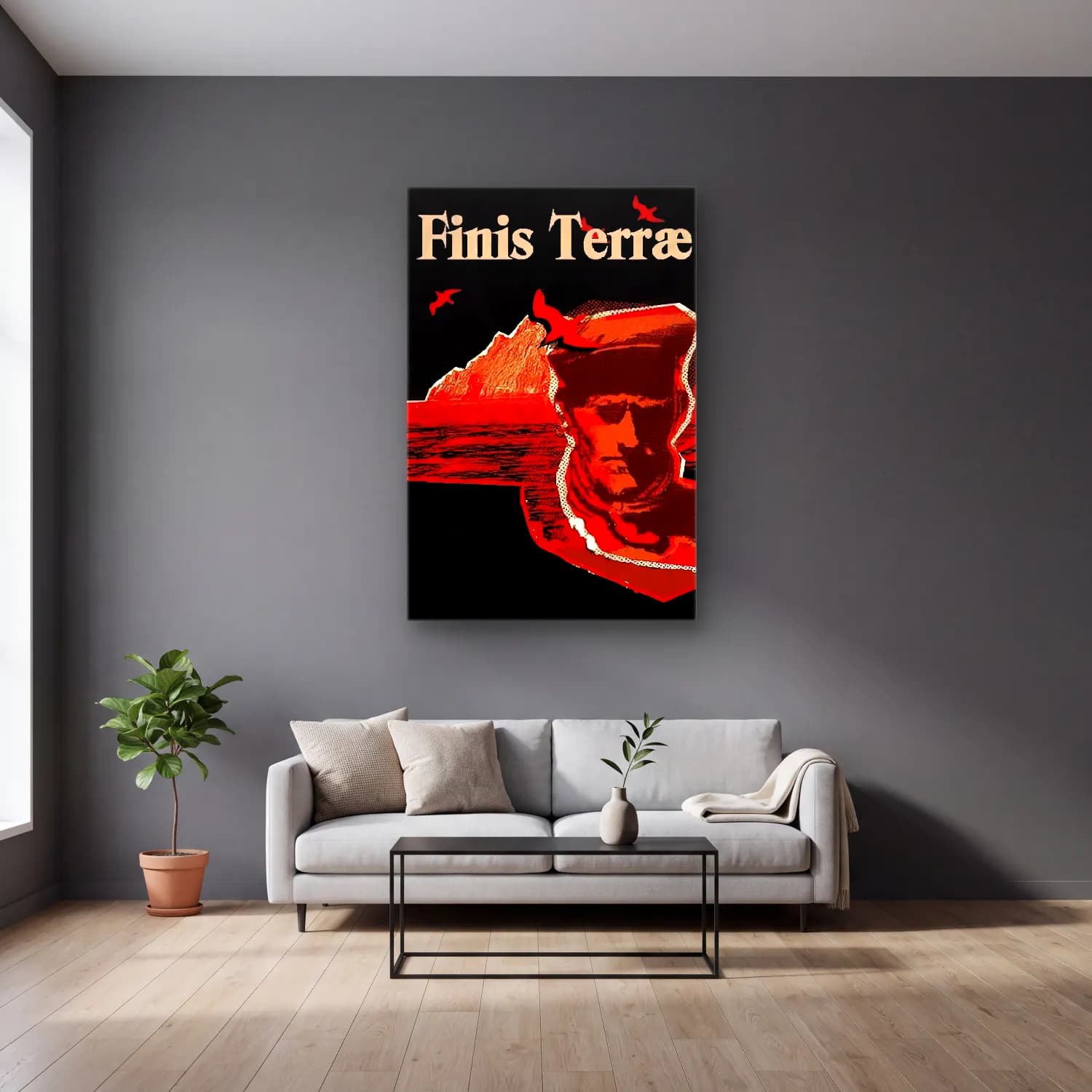 Vintage Poster Erkek Portresi No. 10 cam tablo — gri duvarlı salonda