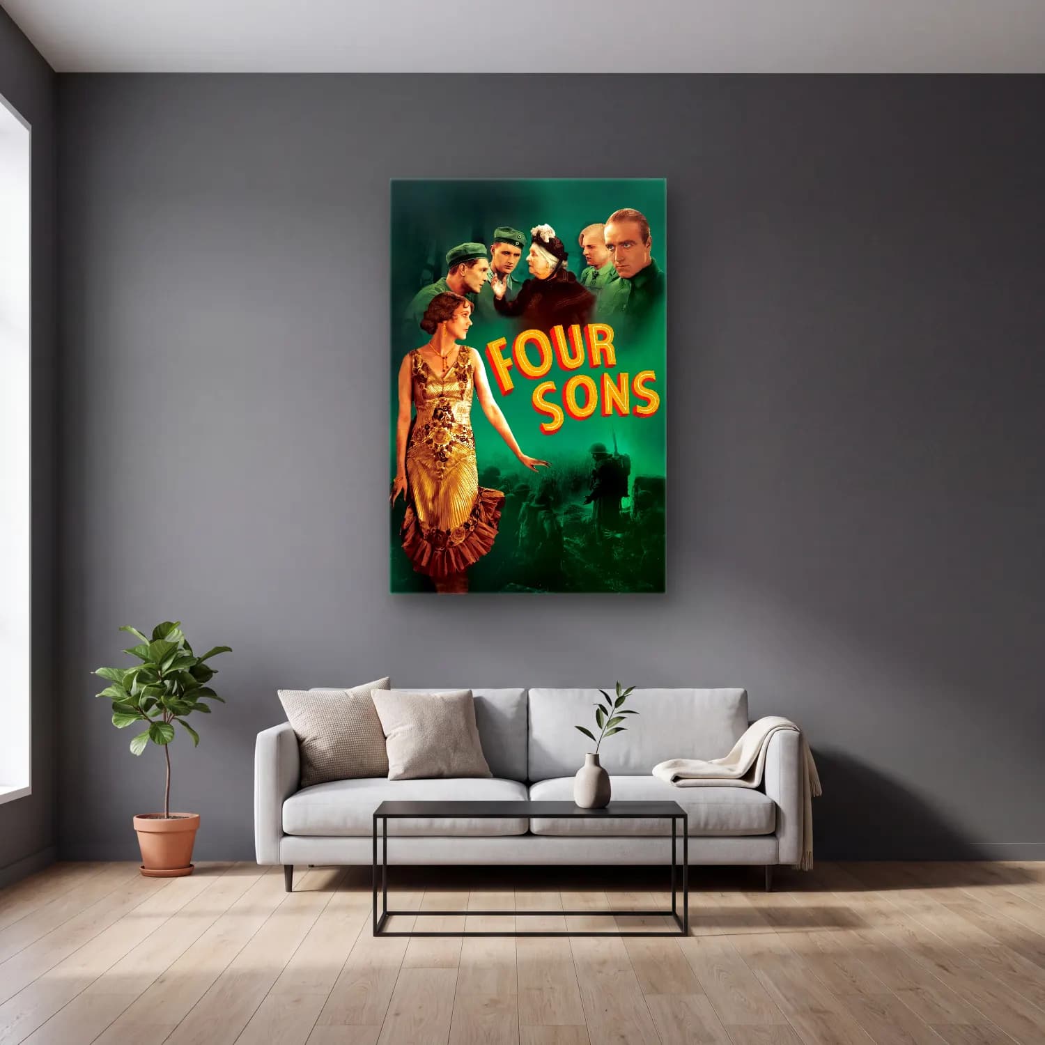 Vintage Poster İncirler cam tablo — gri duvarlı salonda