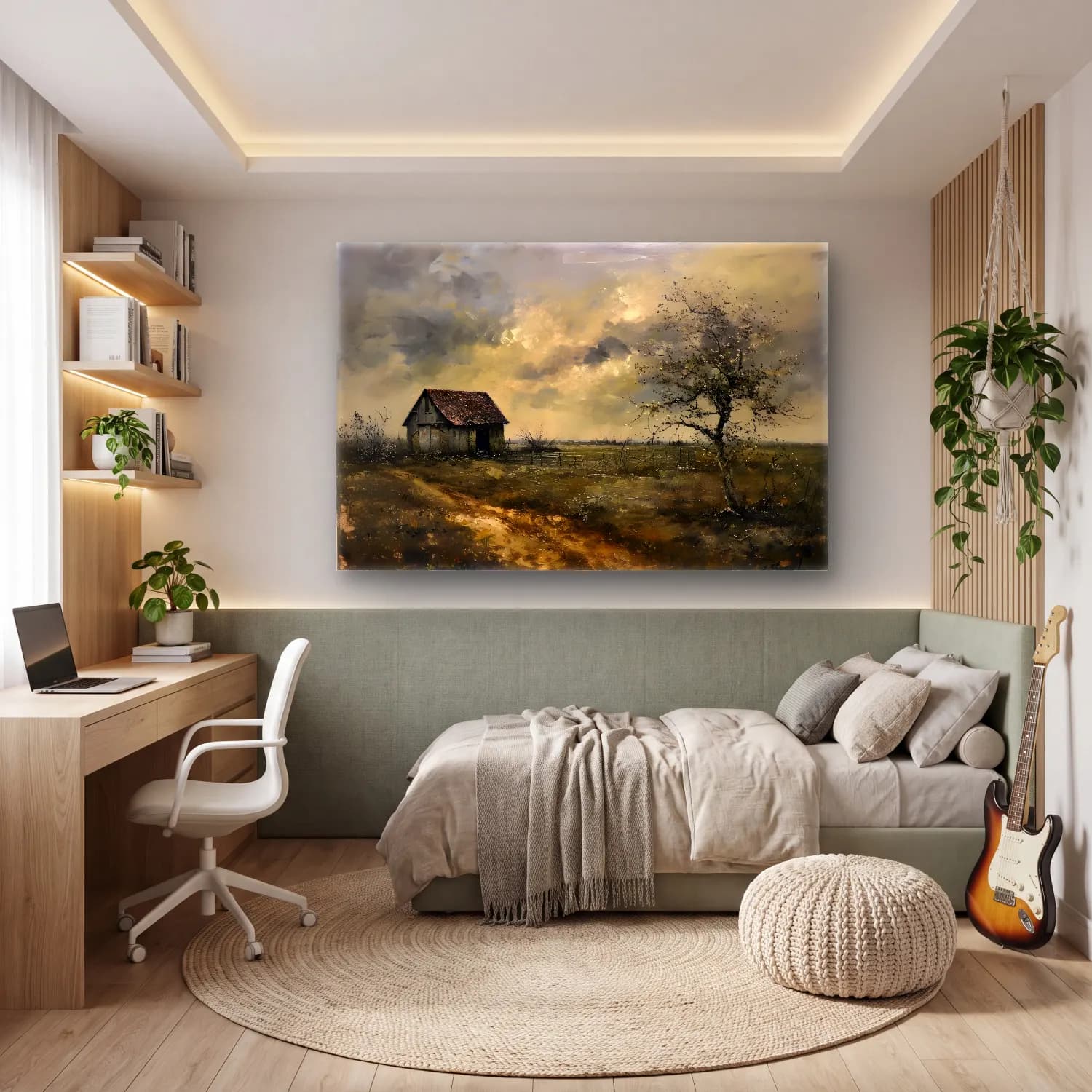 Yağlı Boya Kır Evi No. 53 cam tablo — genç odasında