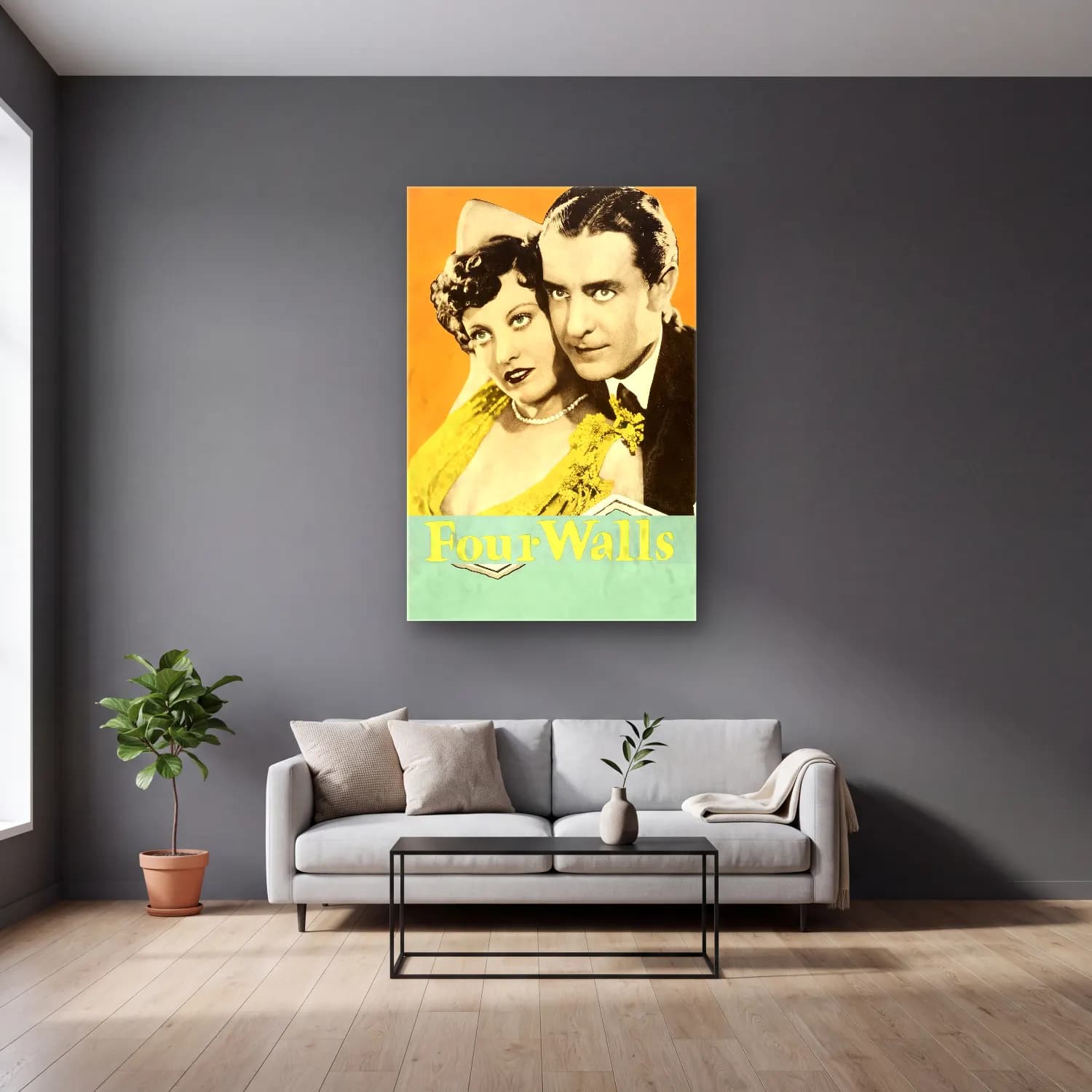 Vintage Poster Aşıklar No. 33 cam tablo — gri duvarlı salonda