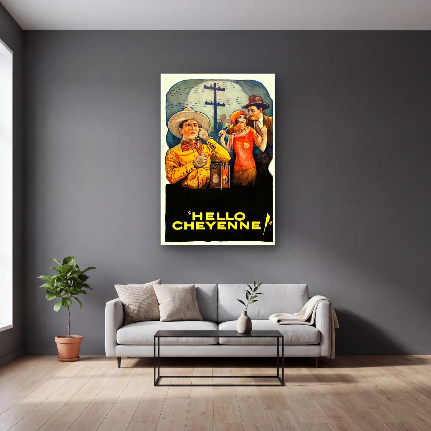 Vintage Poster Yazılı Tasarım No. 65 cam tablo — gri duvarlı salonda
