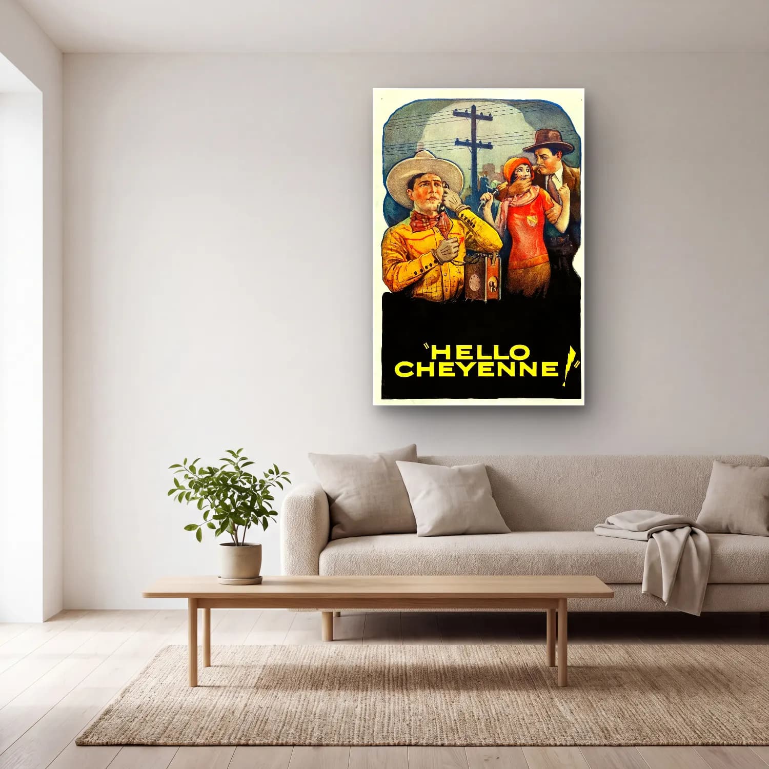 Vintage Poster Yazılı Tasarım No. 65 cam tablo — açık renk salonda