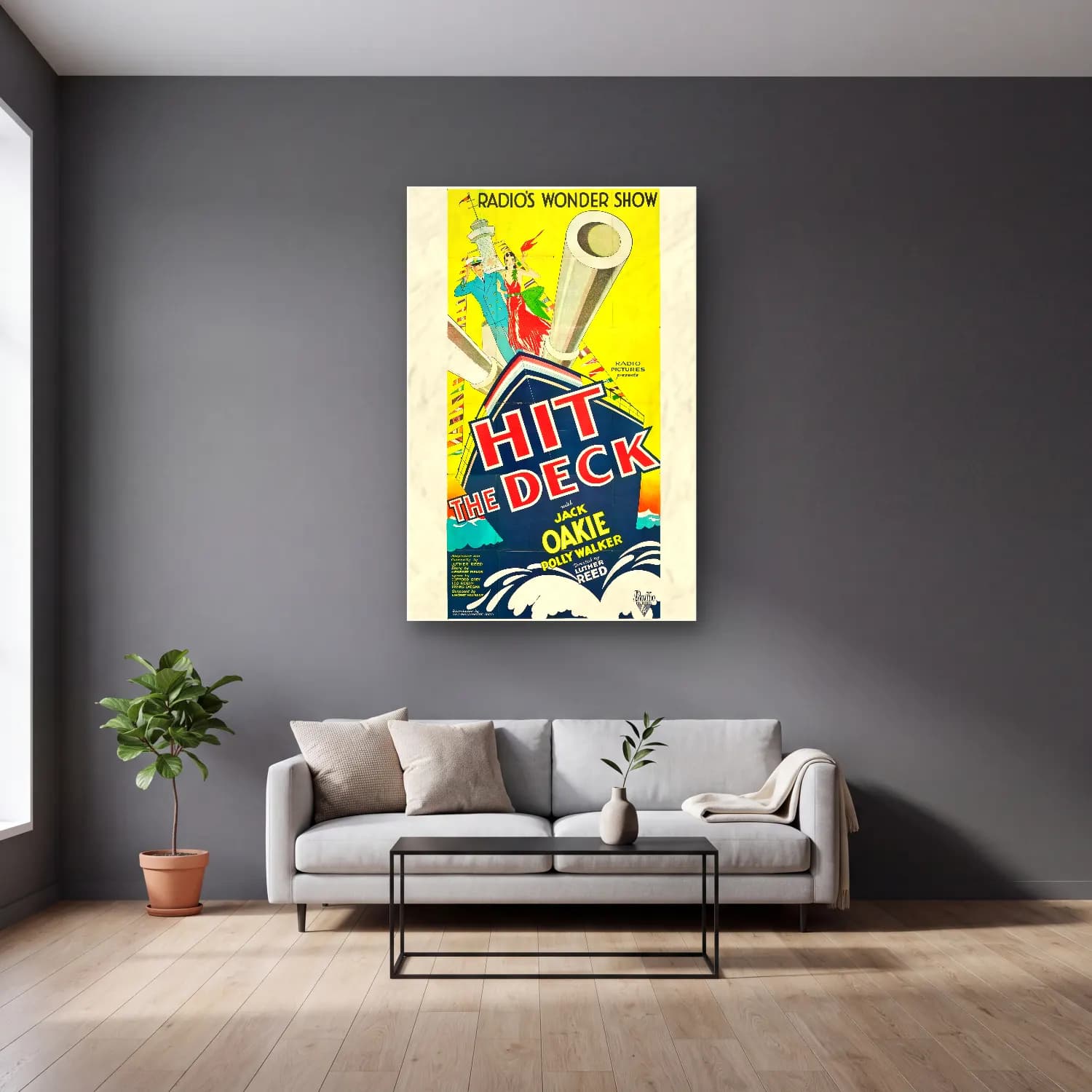 Vintage Poster Yelken Yarışı No. 2 cam tablo — gri duvarlı salonda