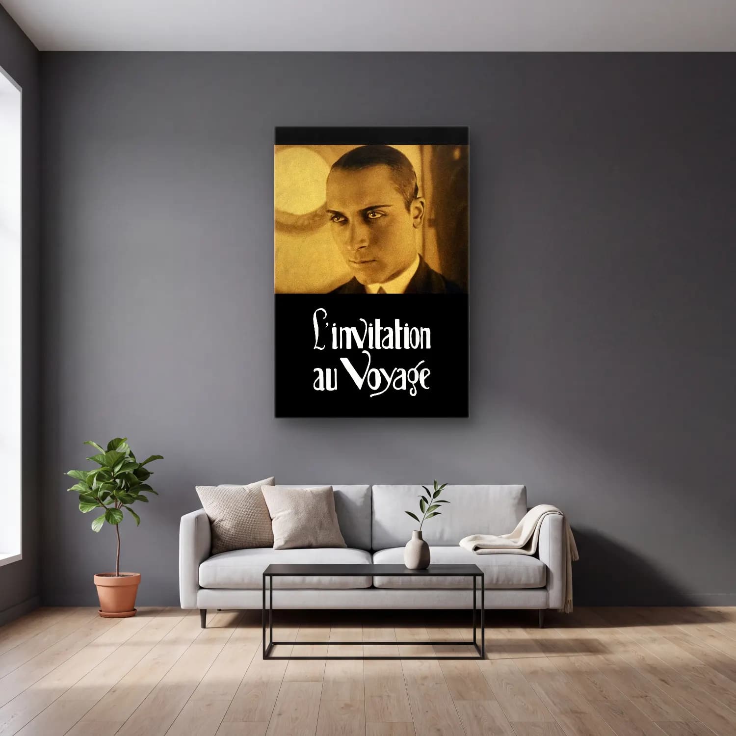 Vintage Poster Erkek Portresi No. 12 cam tablo — gri duvarlı salonda
