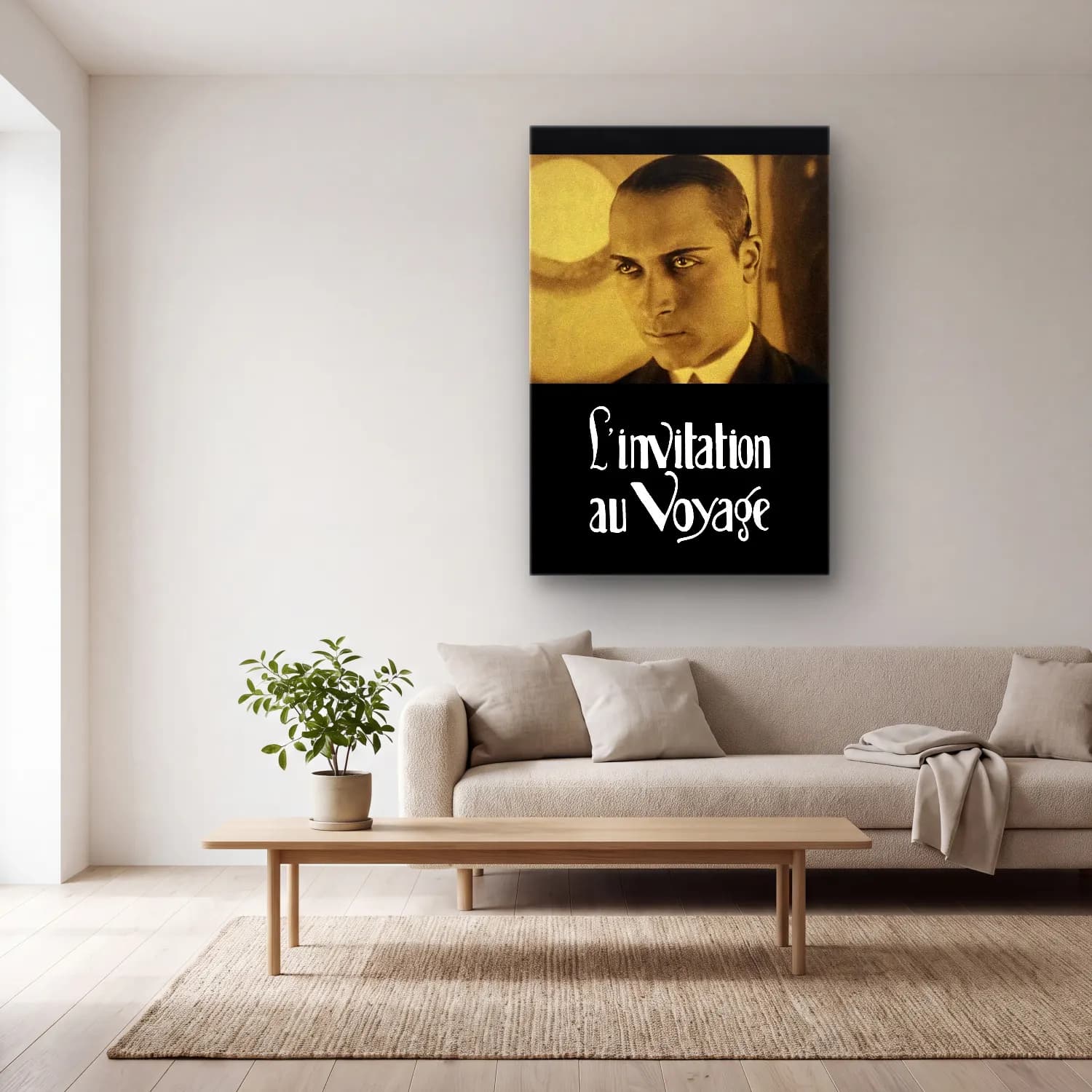 Vintage Poster Erkek Portresi No. 12 cam tablo — açık renk salonda