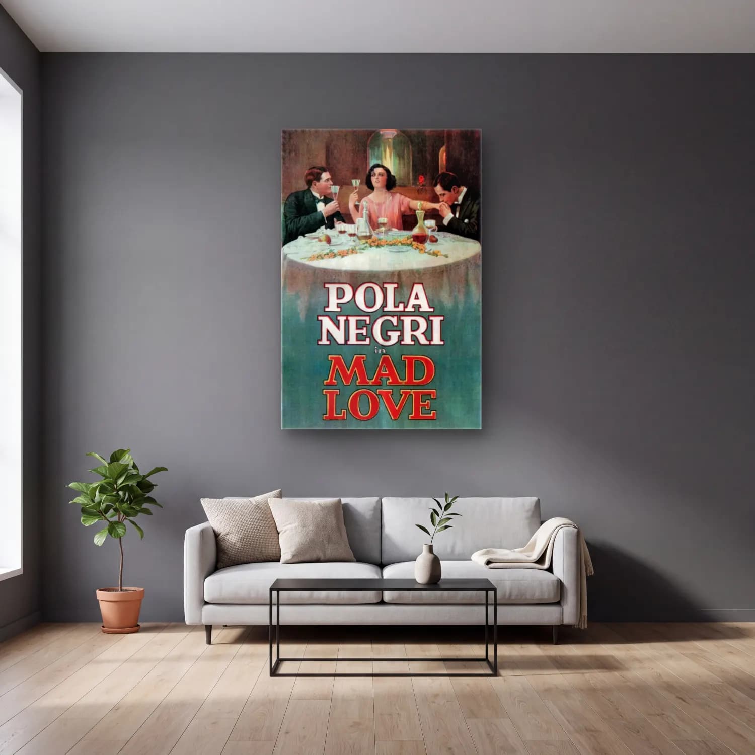 Vintage Poster Kadeh Şarap No. 12 cam tablo — gri duvarlı salonda