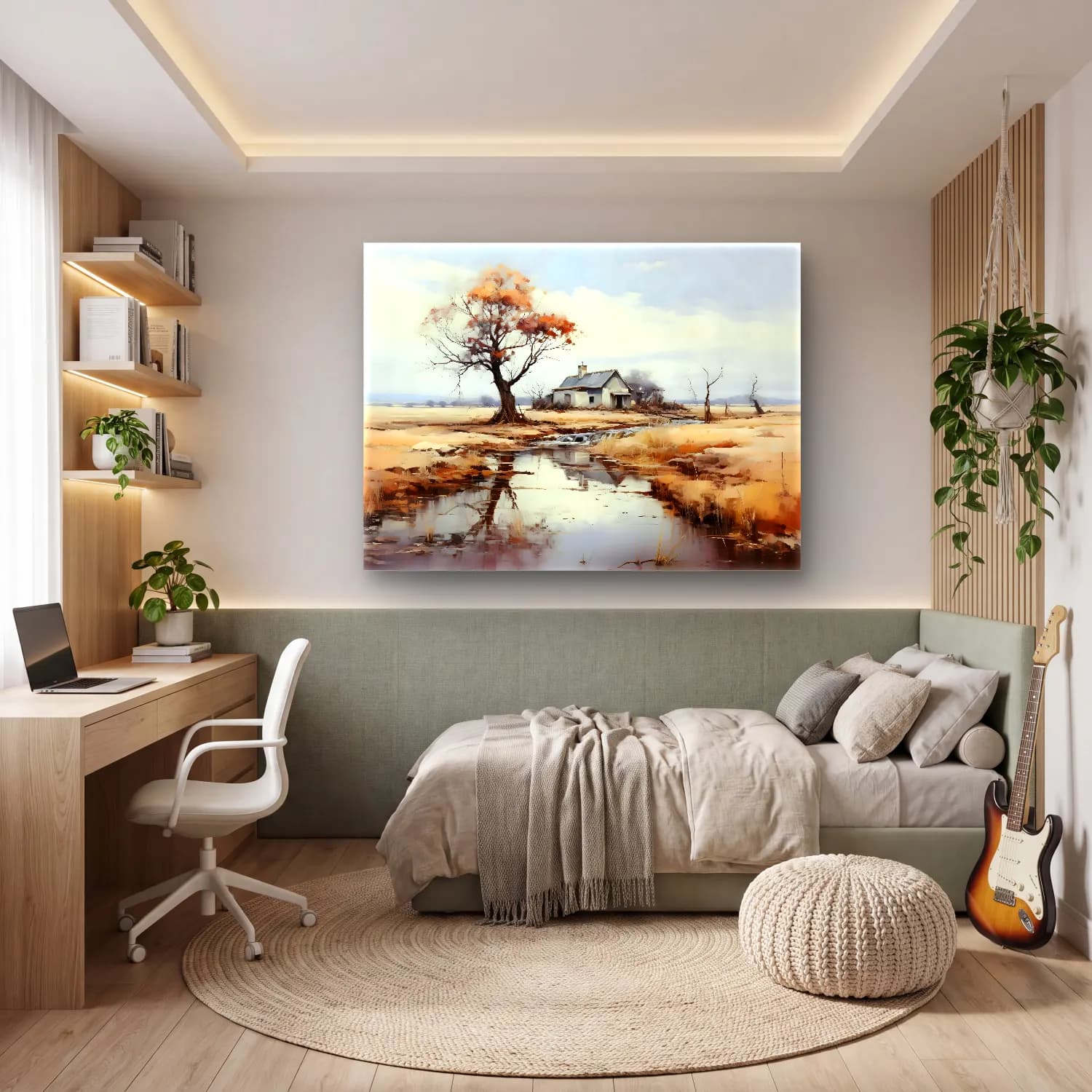 Yağlı Boya Kır Evi No. 54 cam tablo — genç odasında