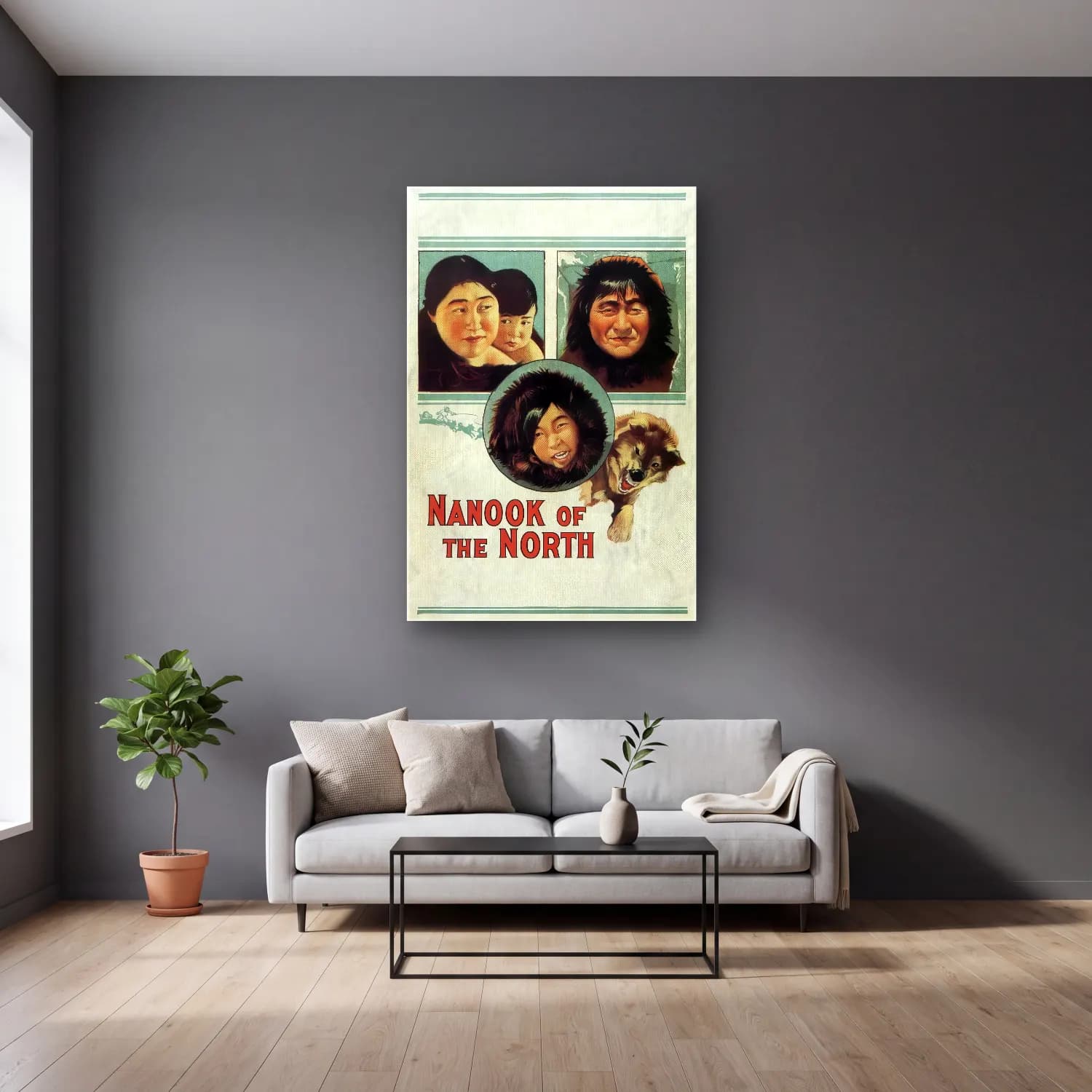 Vintage Poster Kurt cam tablo — gri duvarlı salonda