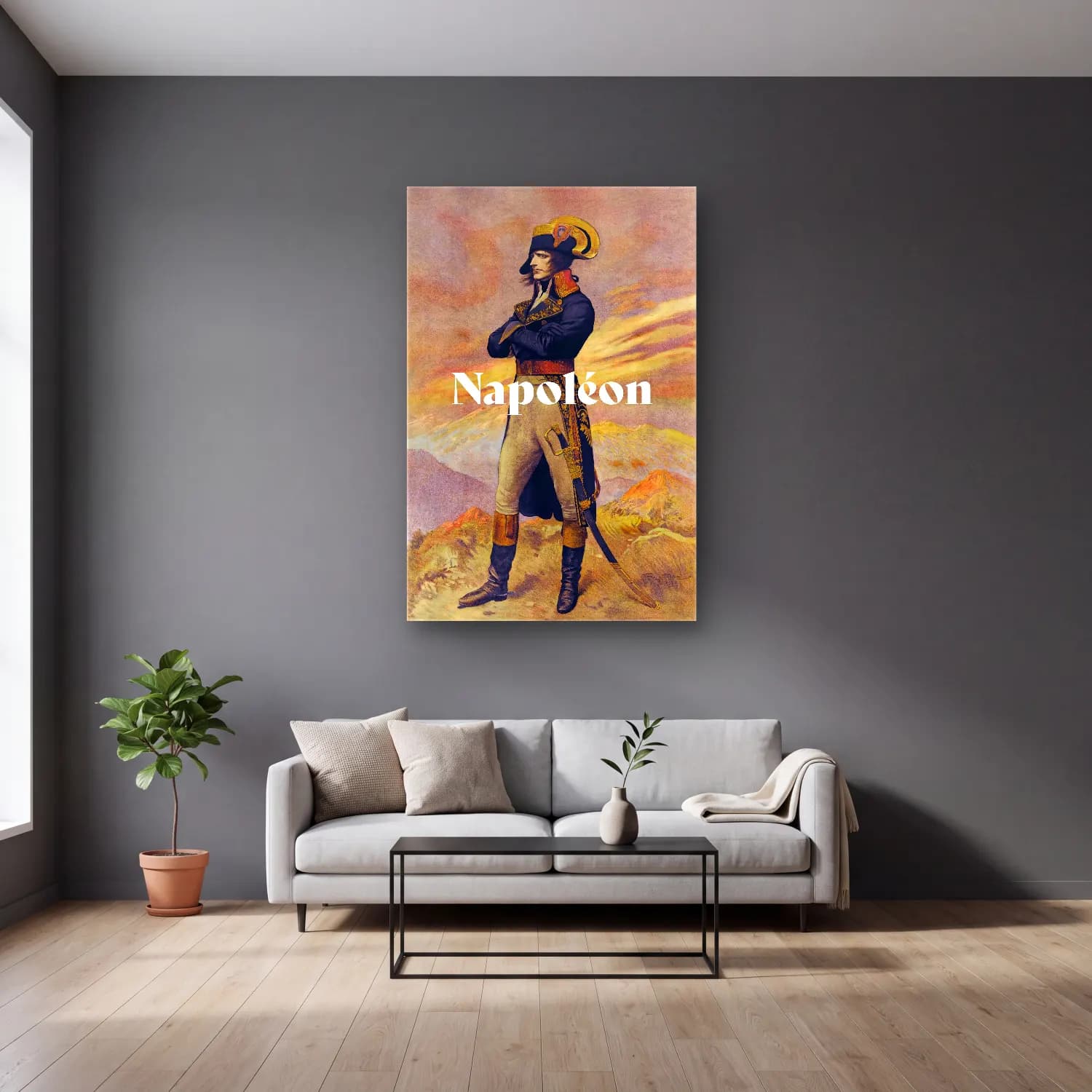 Vintage Poster Şövalye No. 7 cam tablo — gri duvarlı salonda