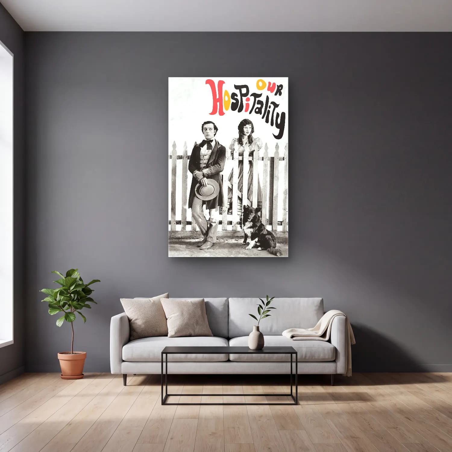 Vintage Poster Erkek Portresi No. 13 cam tablo — gri duvarlı salonda