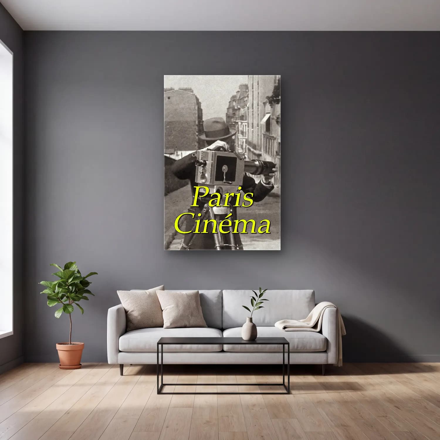Vintage Poster Fotoğraf Makinesi – Siyah Beyaz Tonlar cam tablo — gri duvarlı salonda
