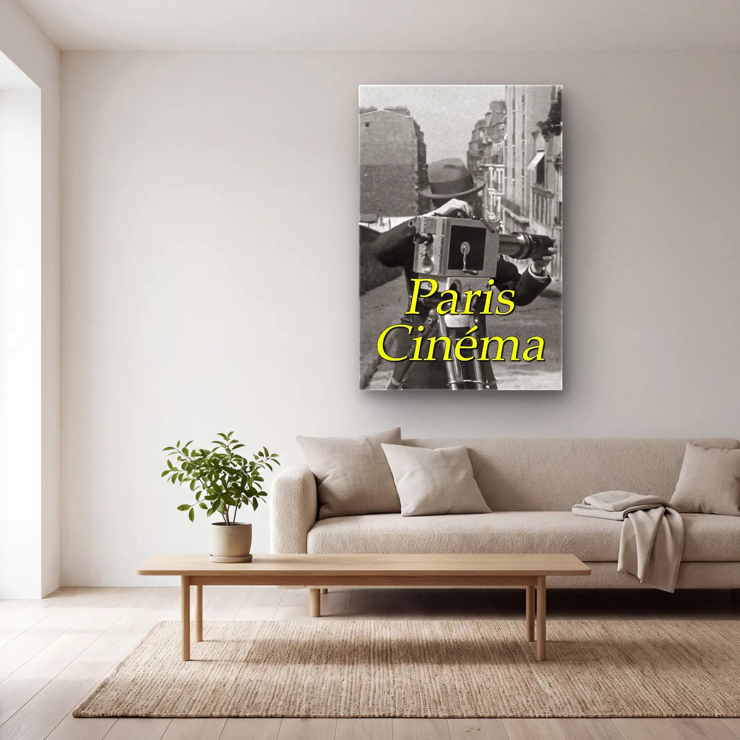 Vintage Poster Fotoğraf Makinesi – Siyah Beyaz Tonlar cam tablo — açık renk salonda