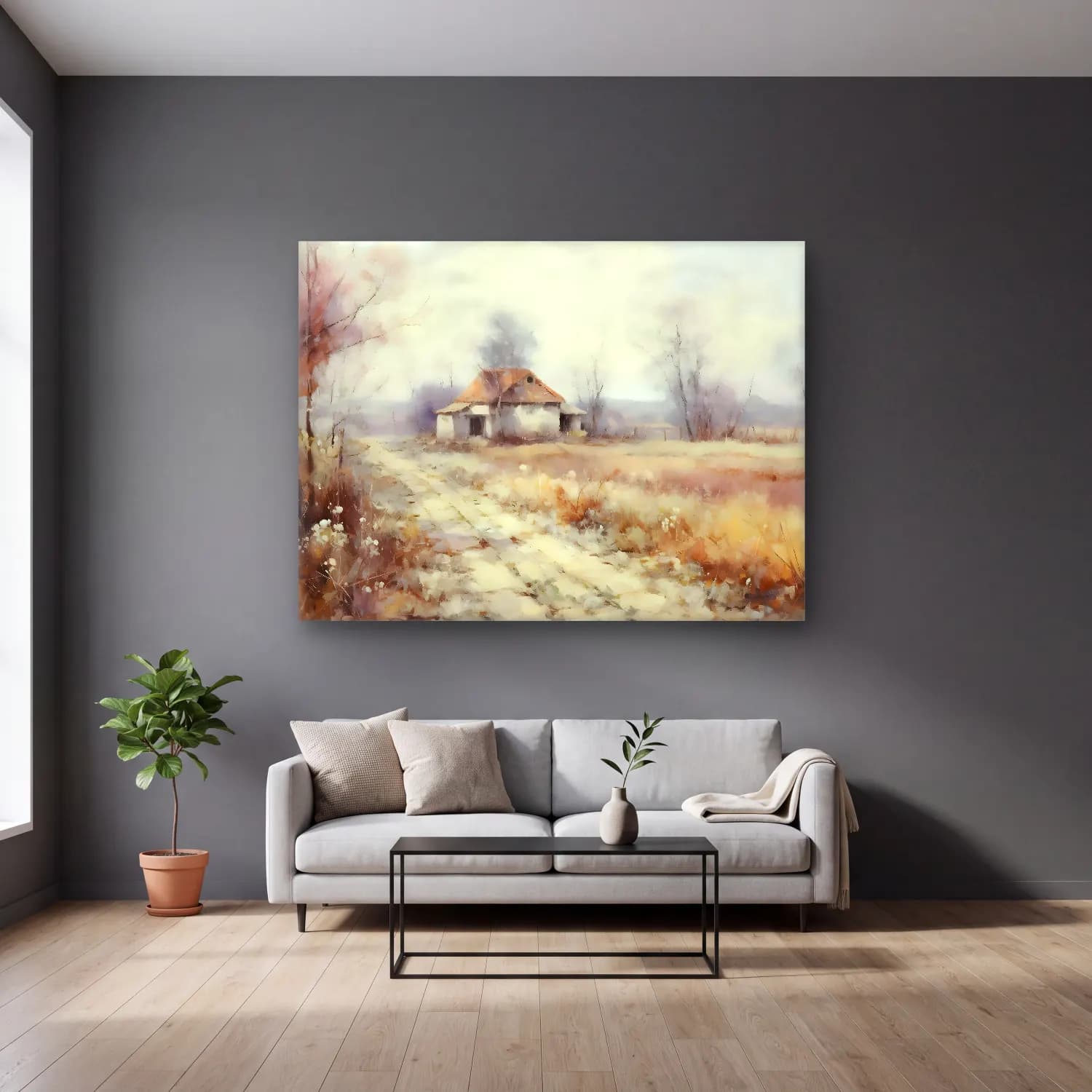 Suluboya Kır Evi No. 50 cam tablo — gri duvarlı salonda