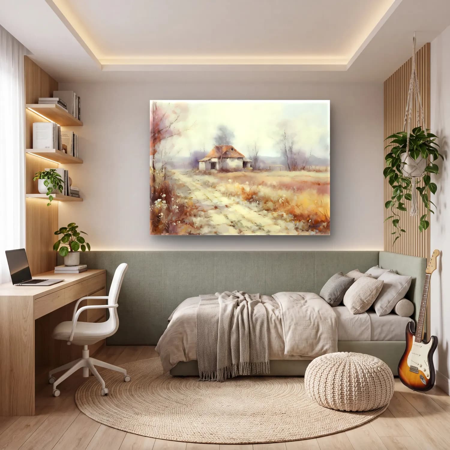 Suluboya Kır Evi No. 50 cam tablo — genç odasında