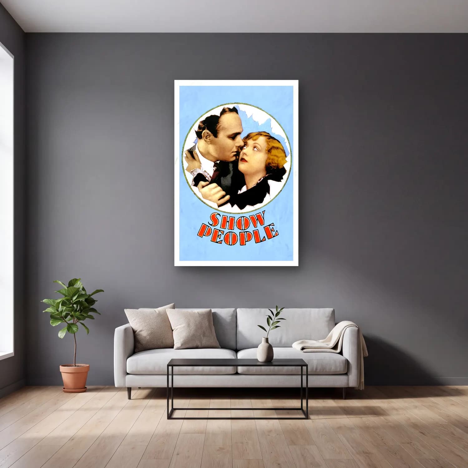 Vintage Poster Sahilde İnsanlar No. 5 cam tablo — gri duvarlı salonda