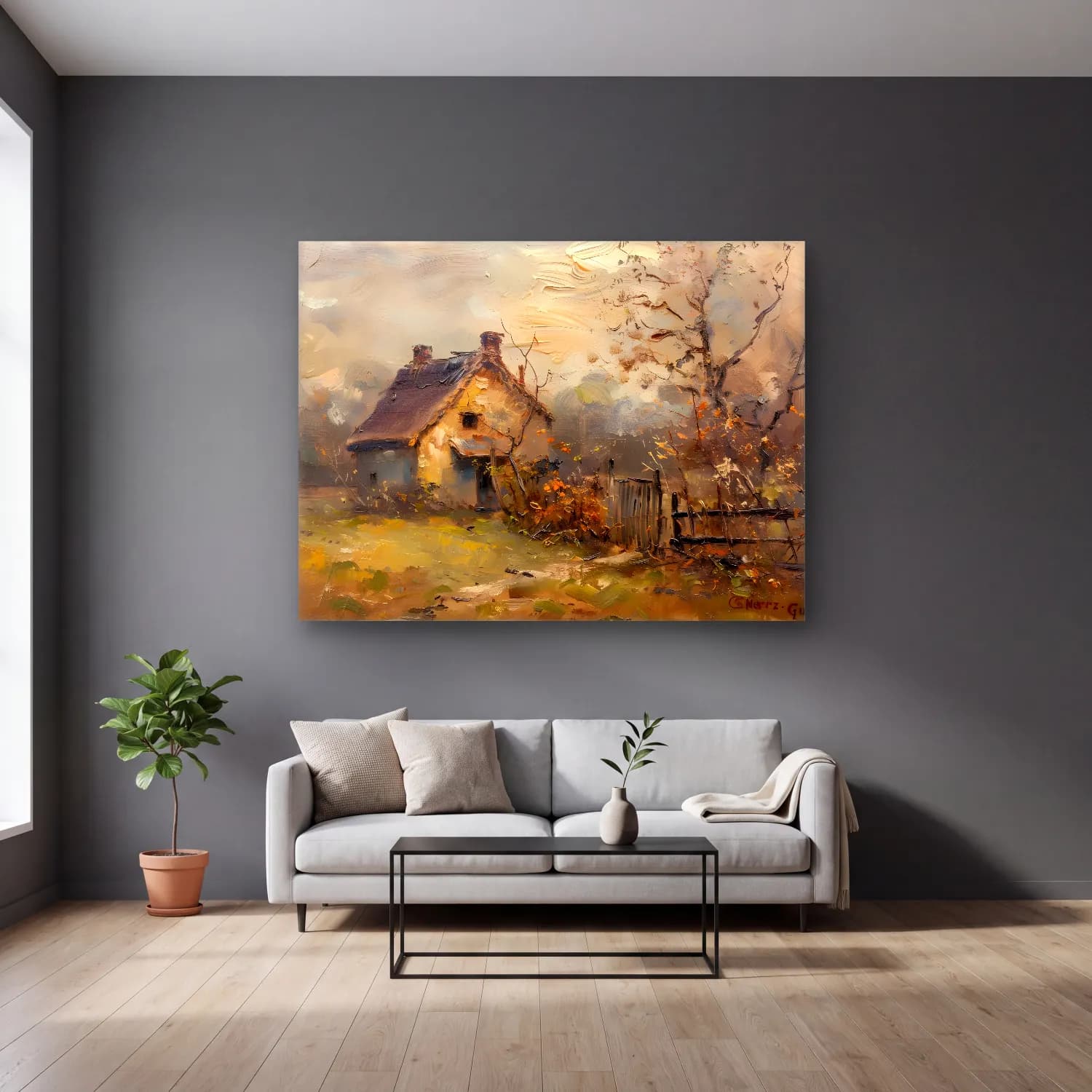Yağlı Boya Kır Evi No. 55 cam tablo — gri duvarlı salonda
