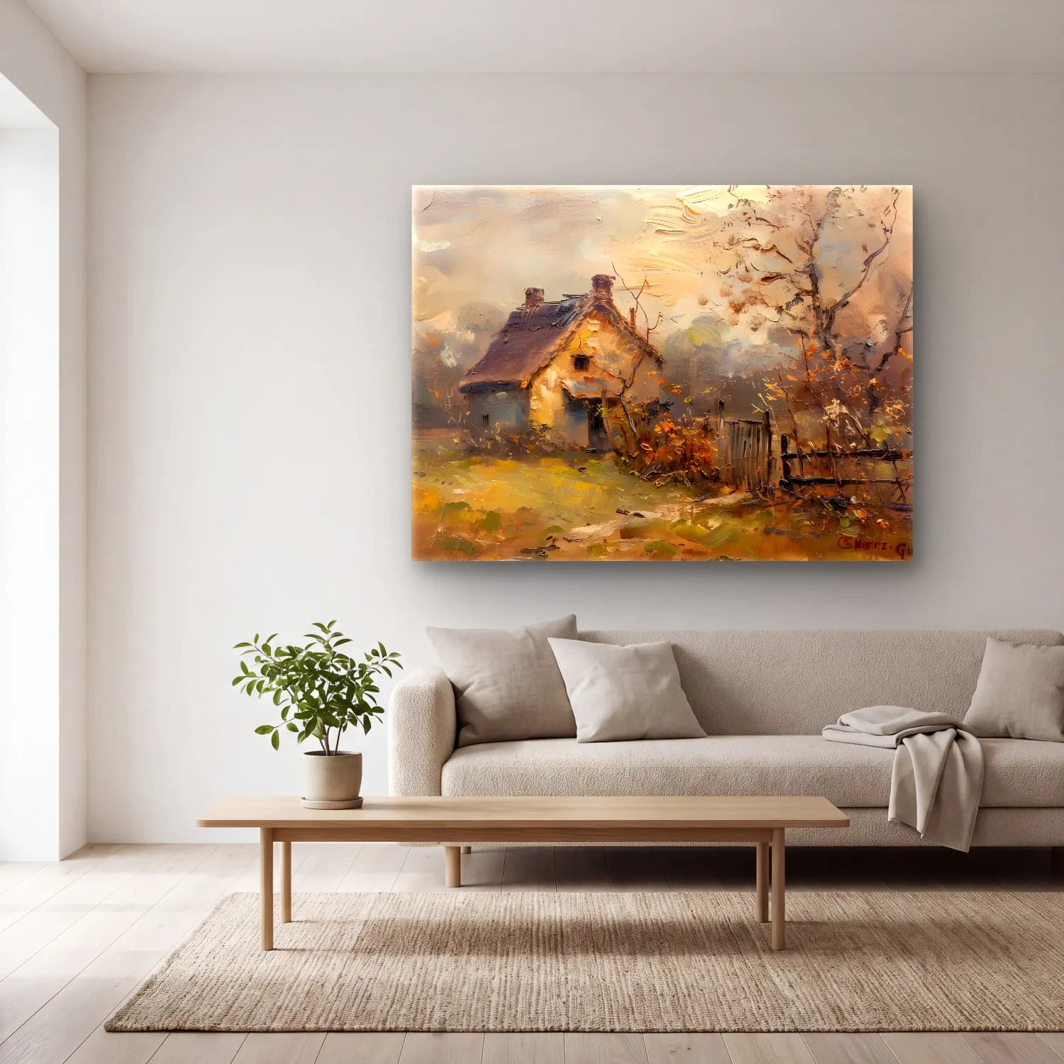 Yağlı Boya Kır Evi No. 55 cam tablo — açık renk salonda