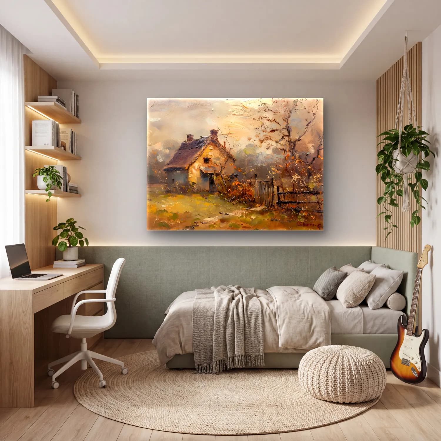 Yağlı Boya Kır Evi No. 55 cam tablo — genç odasında