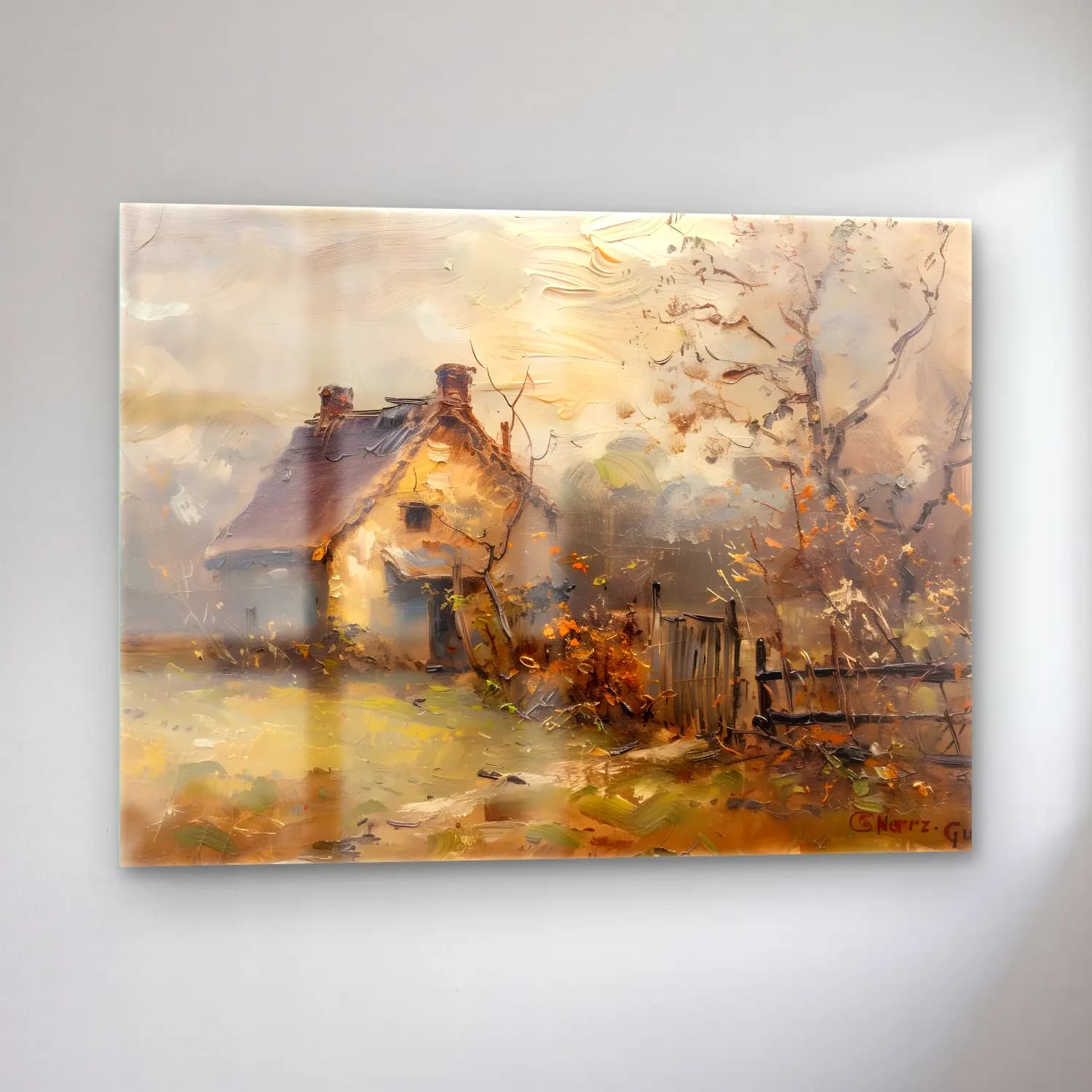 Yağlı Boya Kır Evi No. 55 cam tablo — sol açıdan görünüm