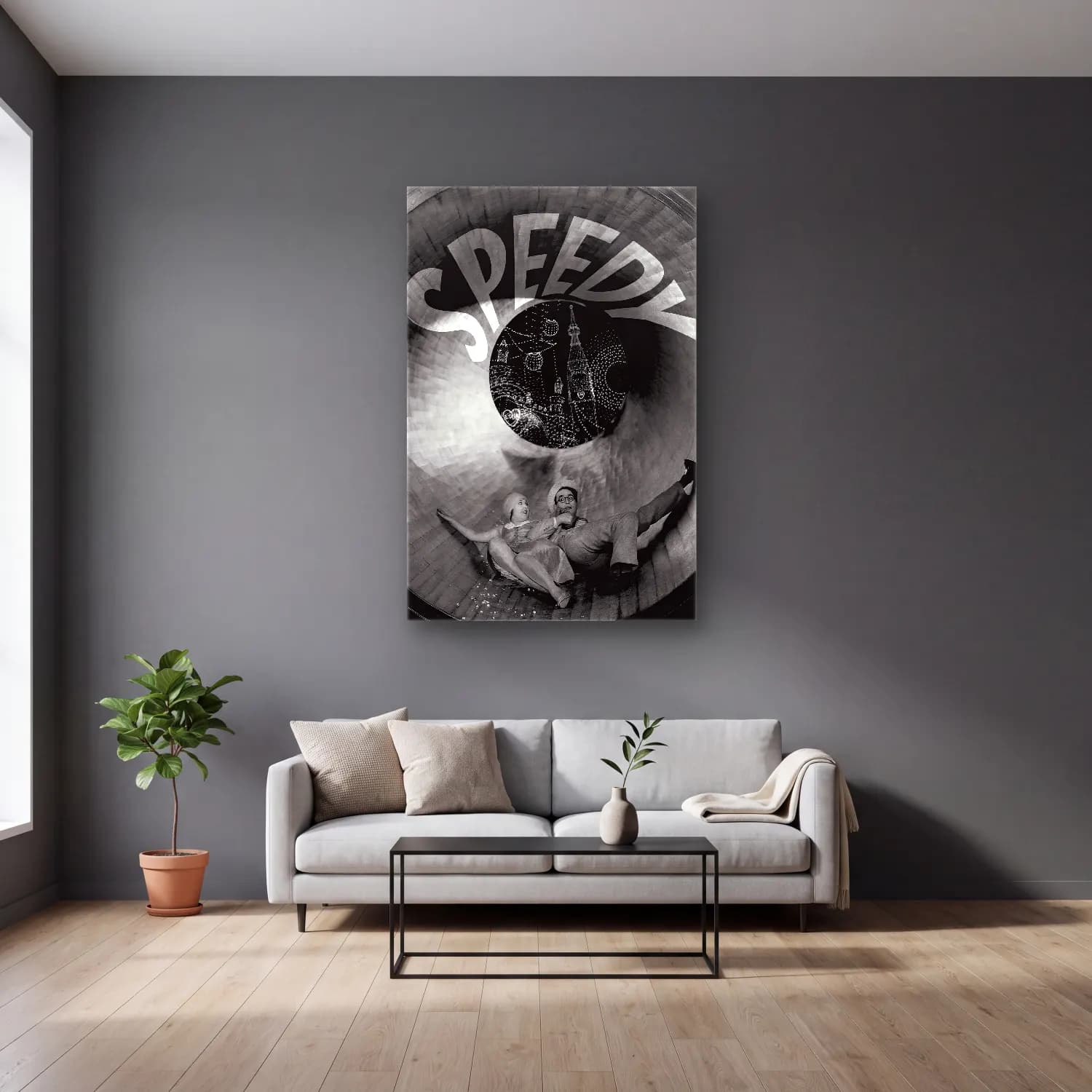 Vintage Poster Saat – Siyah Beyaz Tonlar cam tablo — gri duvarlı salonda