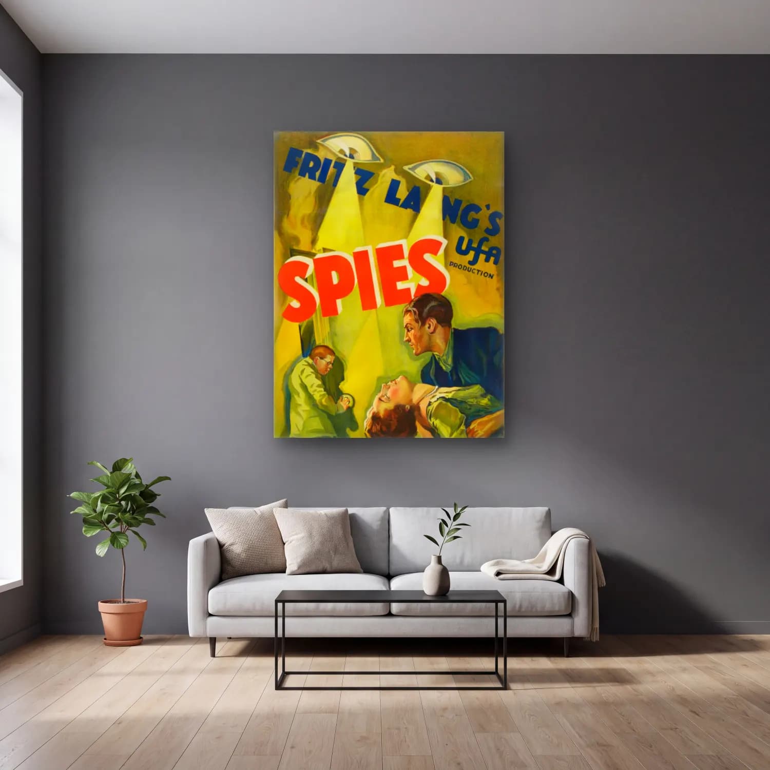 Vintage Poster Süsenler cam tablo — gri duvarlı salonda
