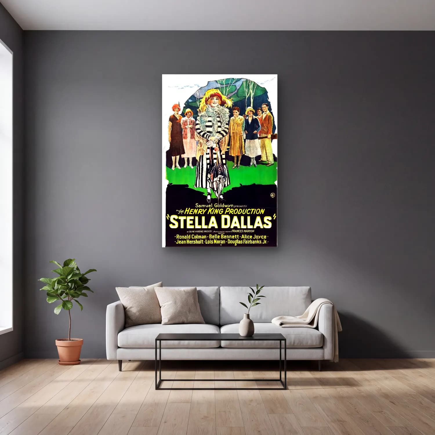 Vintage Poster Elbiseli Kadın No. 40 cam tablo — gri duvarlı salonda