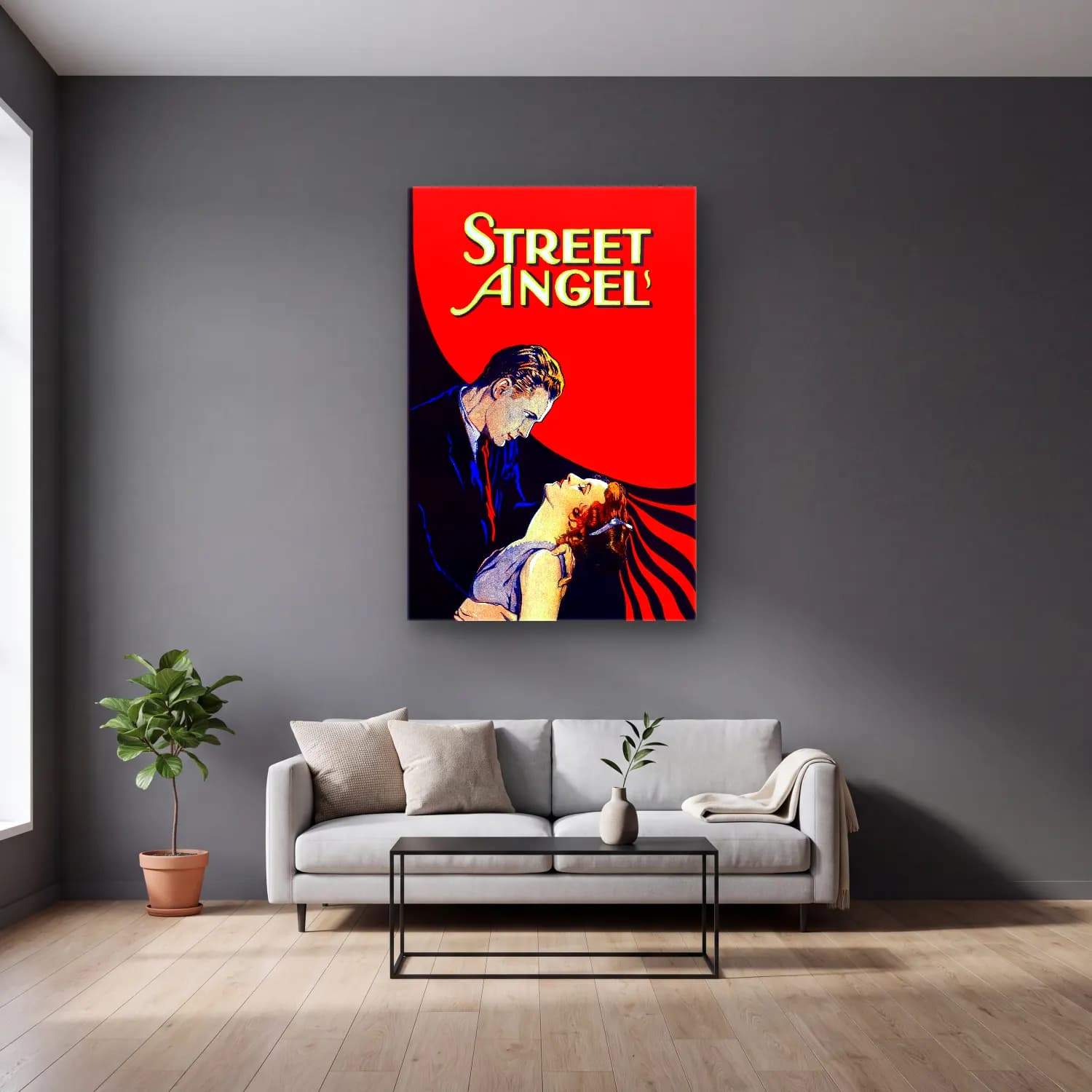 Vintage Poster Melek No. 13 cam tablo — gri duvarlı salonda