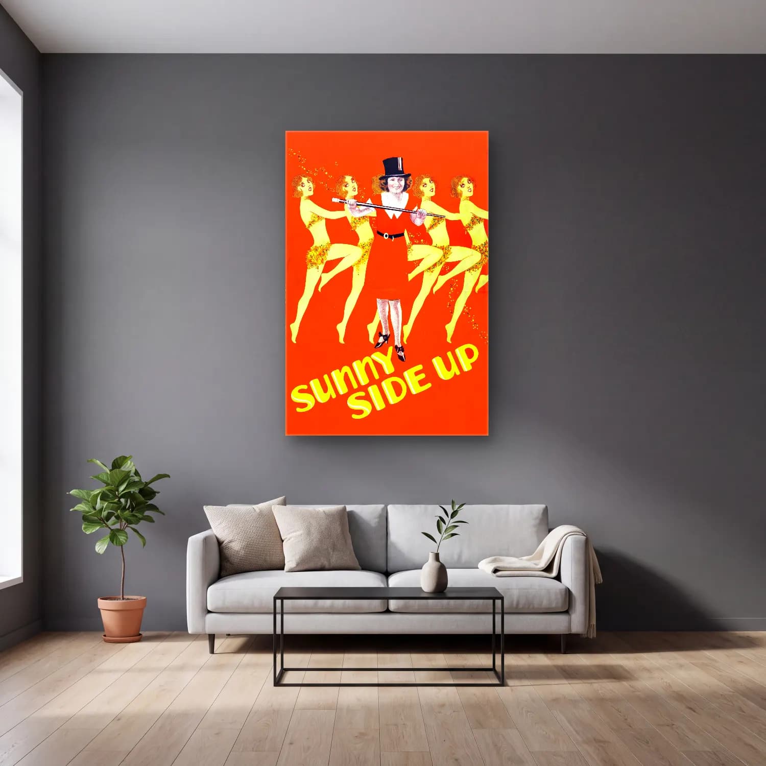Vintage Poster Elbiseli Kadın No. 41 cam tablo — gri duvarlı salonda