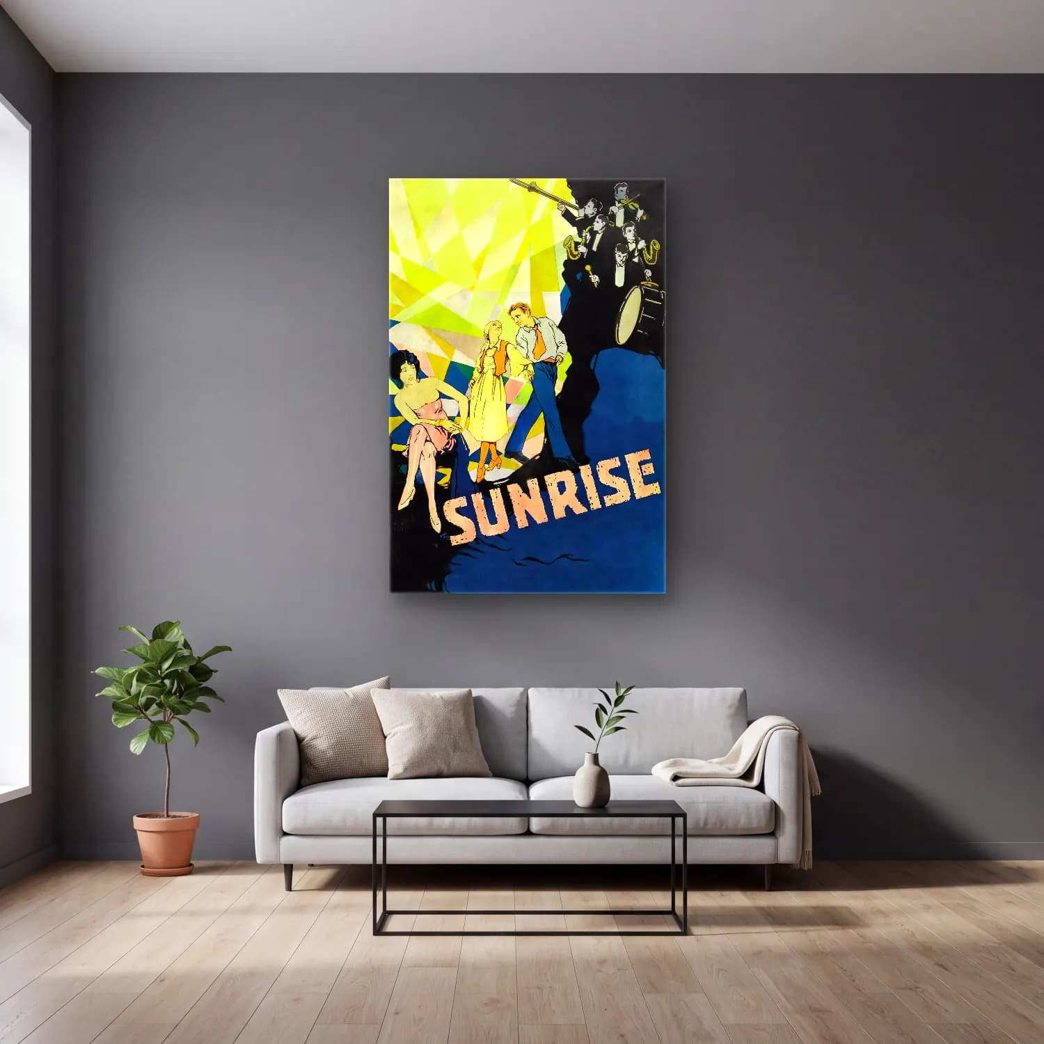 Vintage Poster Güneş ve Gökkuşağı No. 4 cam tablo — gri duvarlı salonda