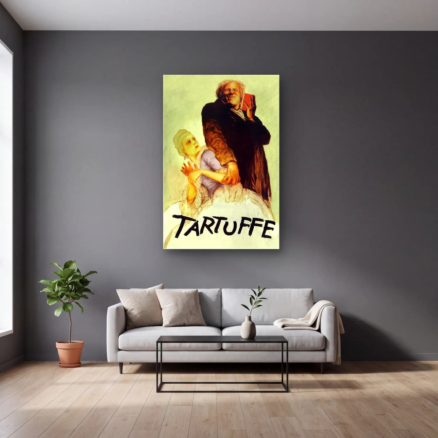 Vintage Poster Aşıklar No. 34 cam tablo — gri duvarlı salonda