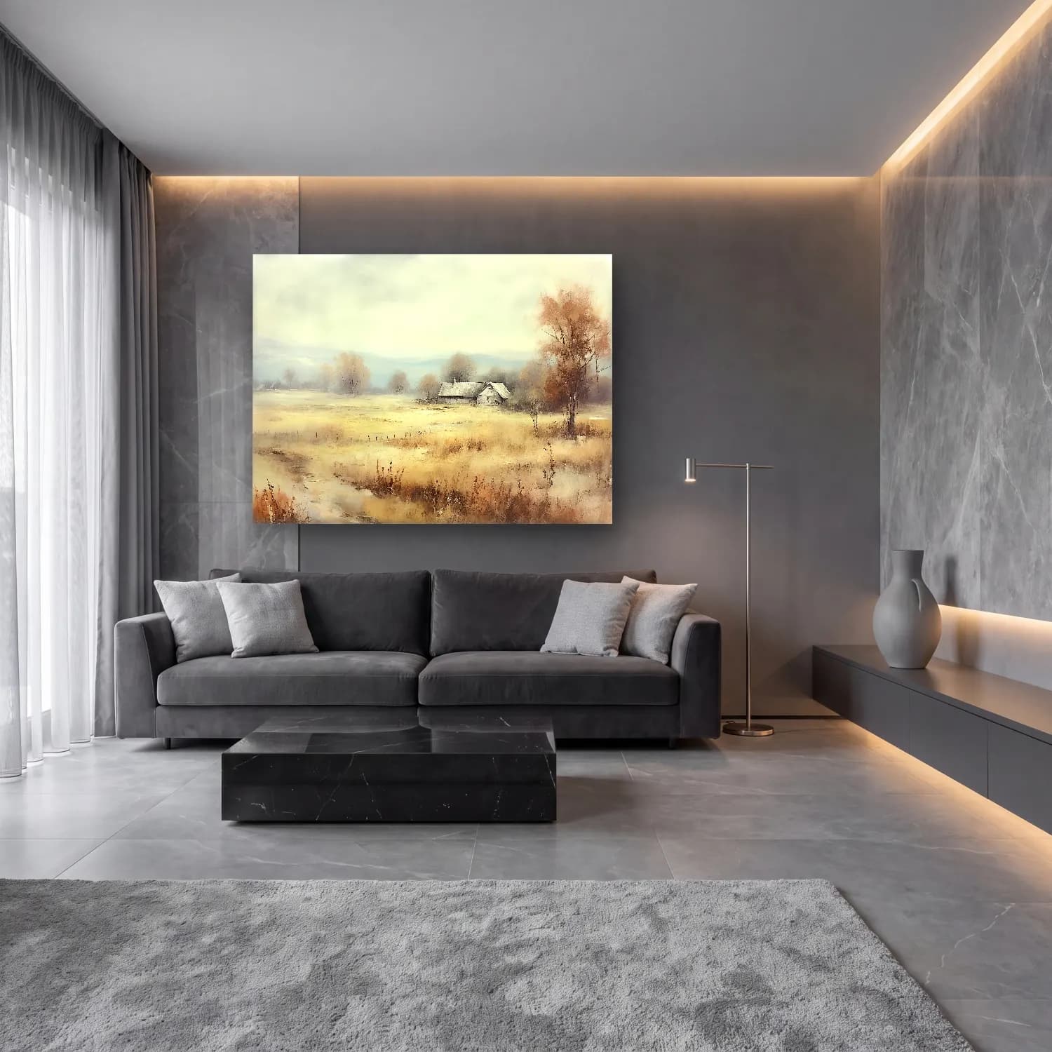 Yağlı Boya Kır Evi No. 68 cam tablo — lüks salon duvarında