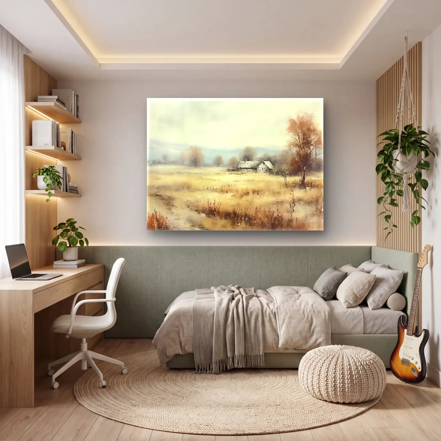 Yağlı Boya Kır Evi No. 68 cam tablo — genç odasında