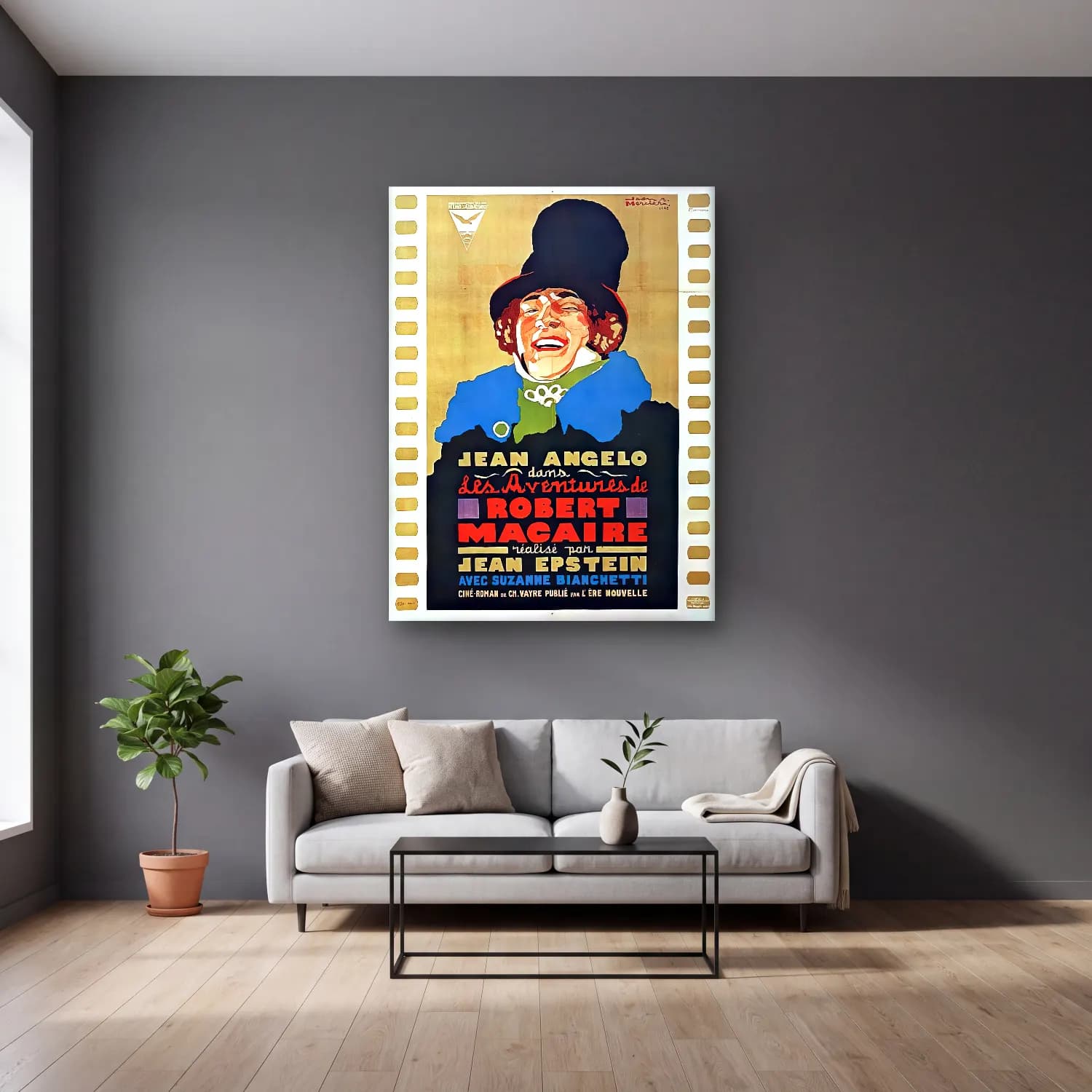 Vintage Poster Erkek Portresi No. 14 cam tablo — gri duvarlı salonda