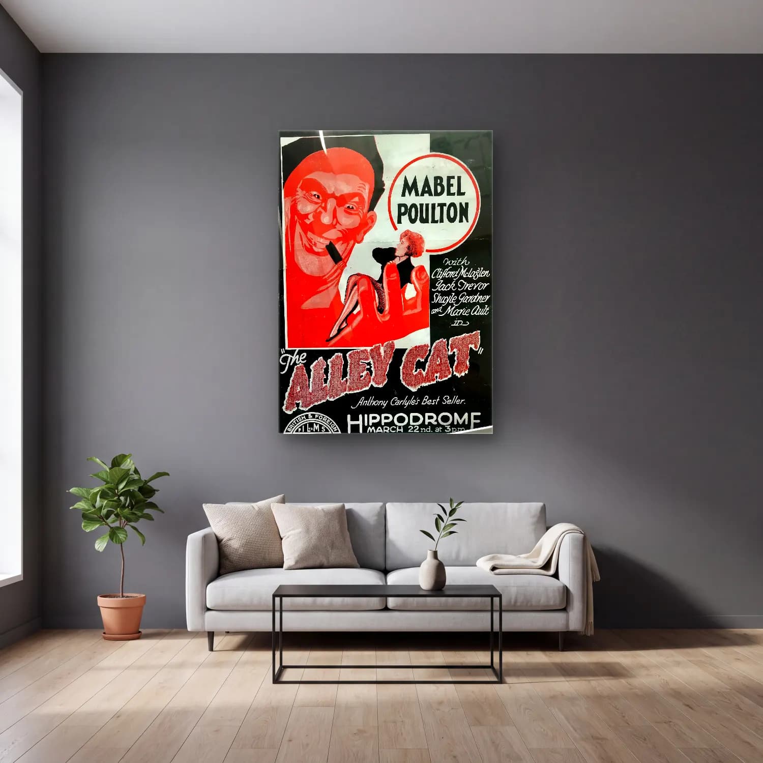 Vintage Poster Kedi No. 9 cam tablo — gri duvarlı salonda